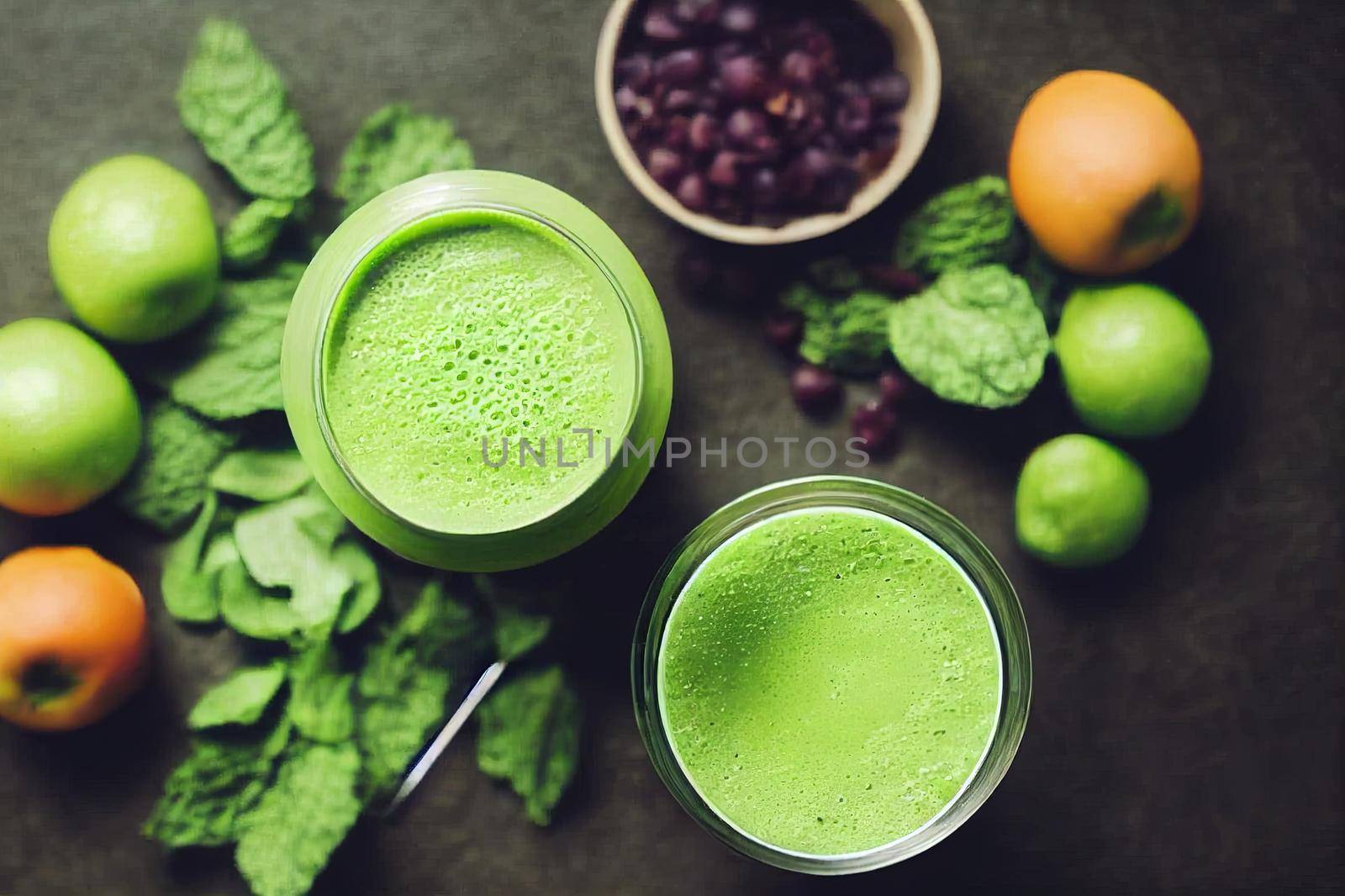 Green fresh smoothie blended in blender, top view. Healthy eating concept. Super slow motion filmed on high speed cinematic camera.