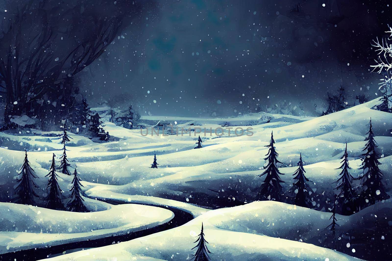 Winter background, falling snow over winter landscape with copy High quality 2d illustration. by 2ragon