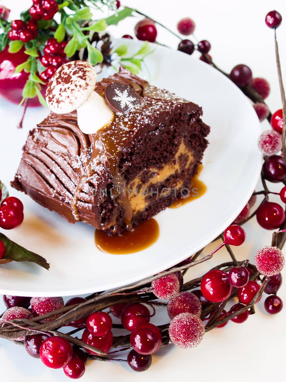 Traditional Christmas Yule Log cake decorated with marzipan mushrooms.