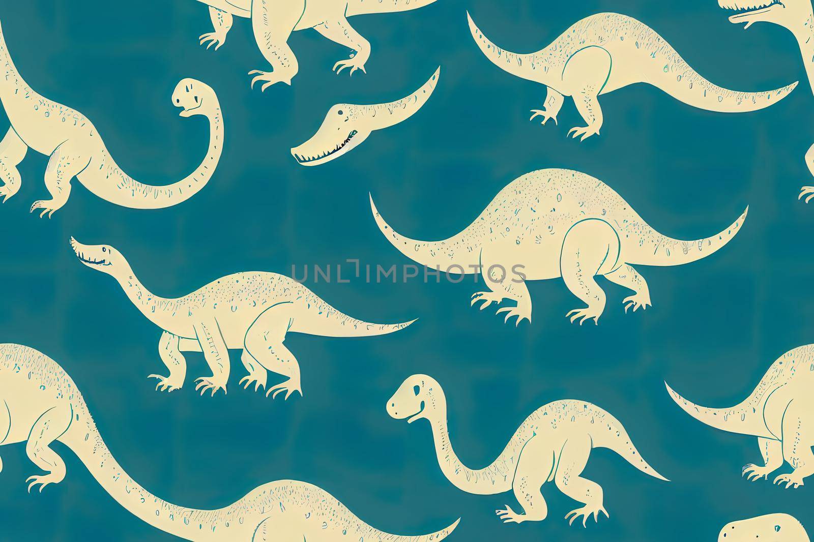 Dino Seamless Pattern, Cute Cartoon Hand Drawn Dinosaurs Doodles Illustration.