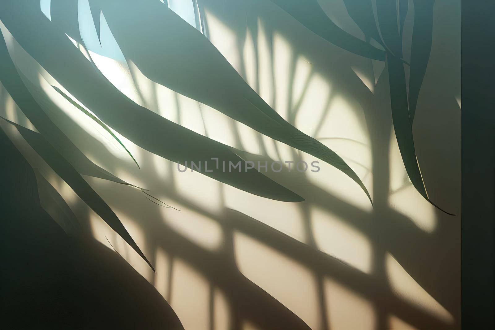 Morning sun lighting the room, shadow background overlays. Transparent shadow of tropical leaves. Abstract gray shadow background of natural leaves tree branch falling on white wall