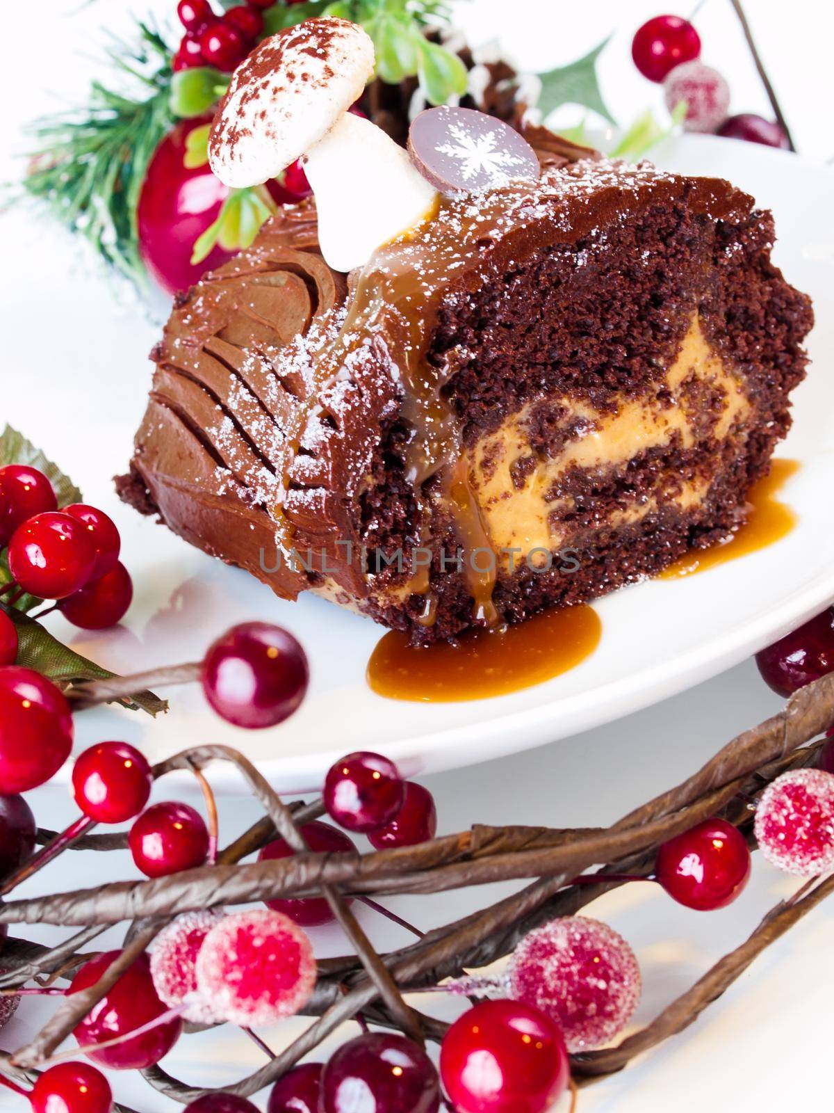 Traditional Christmas Yule Log cake decorated with marzipan mushrooms.