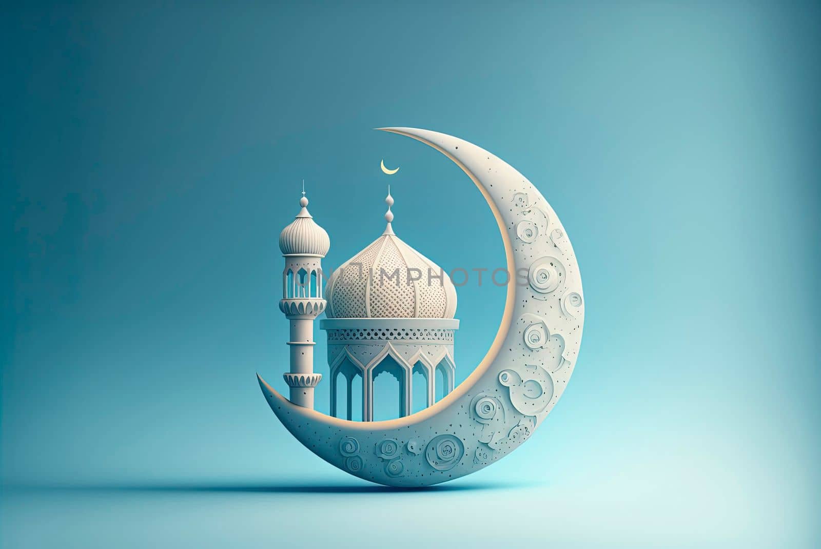 3d illustration of a mosque with golden moon and stars ornament