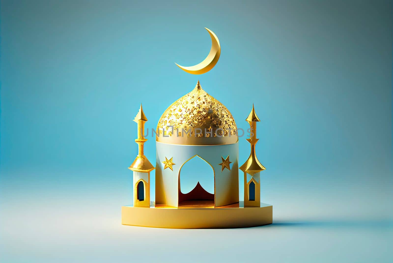 3d illustration of a mosque with golden moon and stars ornament