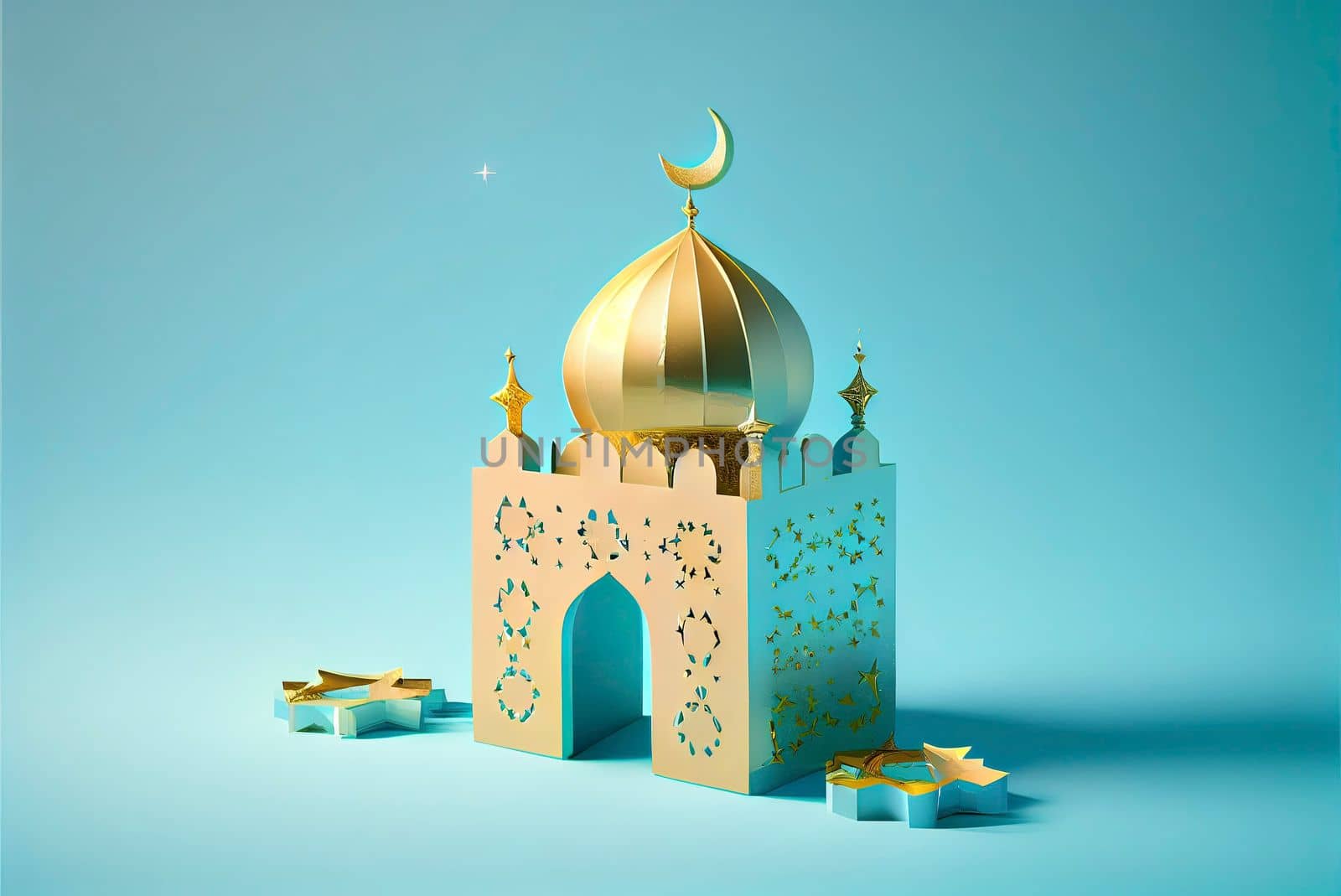 3d illustration of a mosque with golden moon and stars ornament