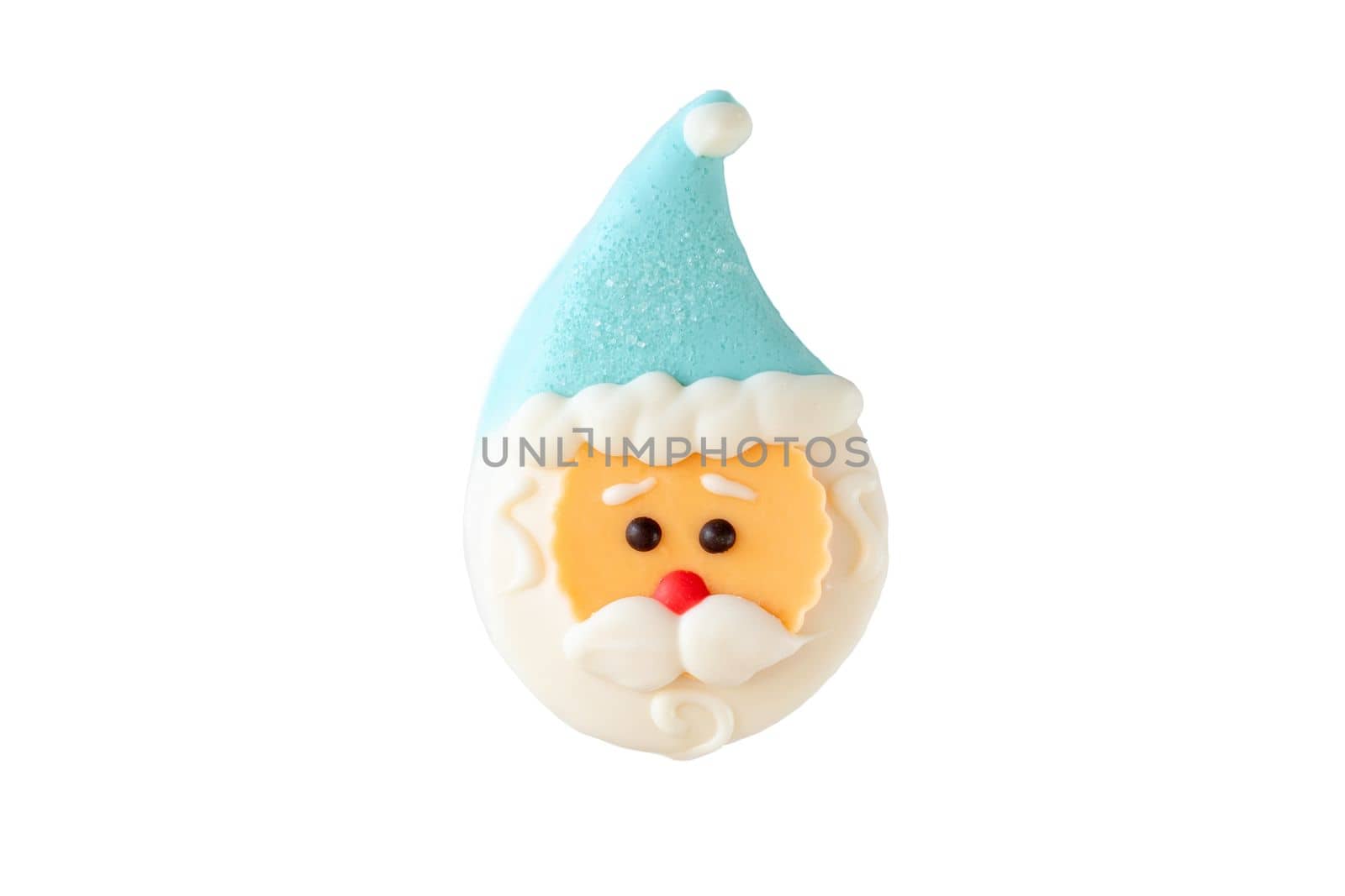 A sweet dessert in the form of a Santa Claus head, with a blue cap, isolated, on a white background. Top view.