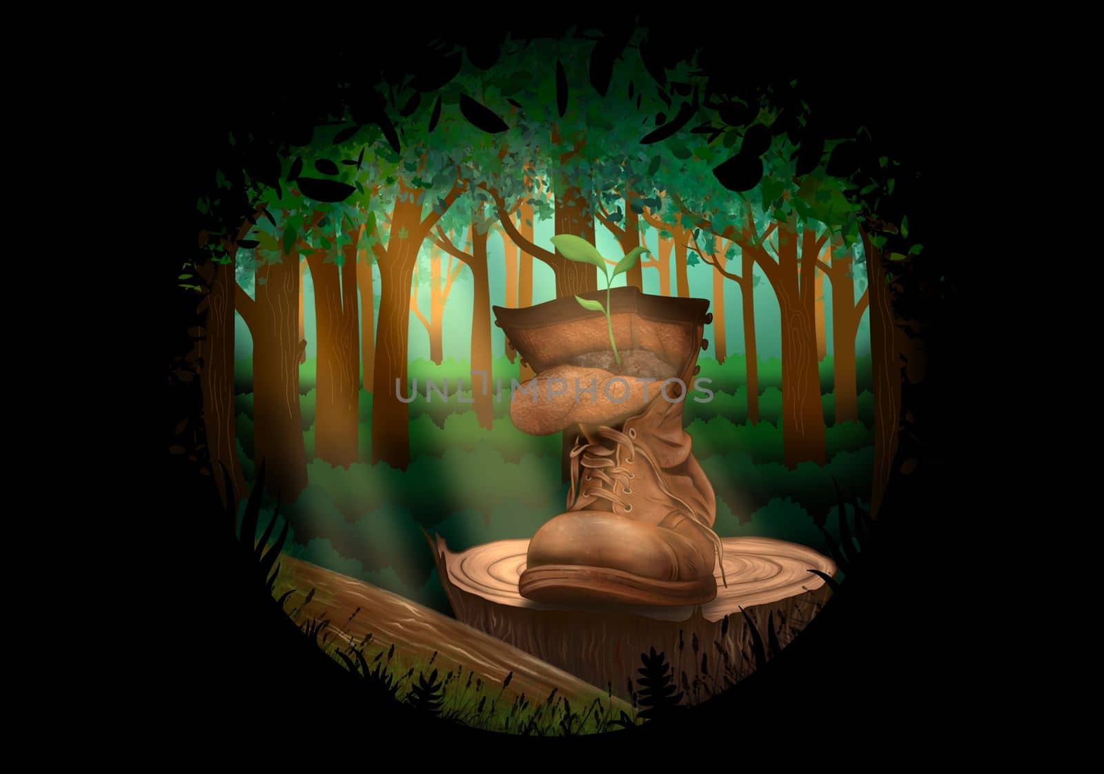 dark illustration of an old boot in the wild forest art by kr0k0