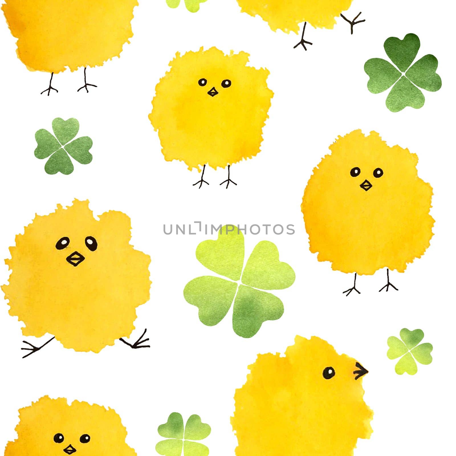 Pattern with watercolor yellow chicks and clover shamrock. by Margo