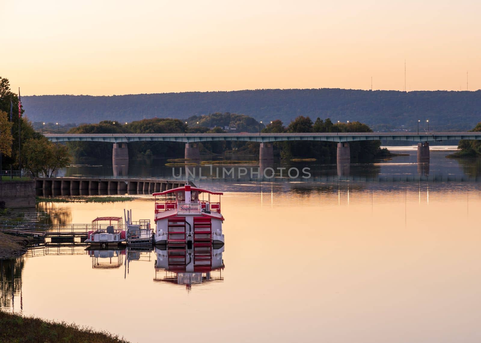 Harrisburg, PA - 9 October 2022: Pride of the Susquehanna tour boat docked in river in Harrisburg PA