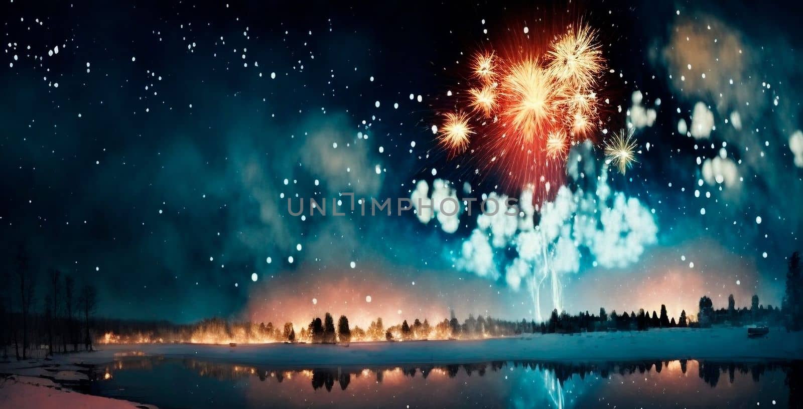 Bright night sky with fireworks. High quality illustration