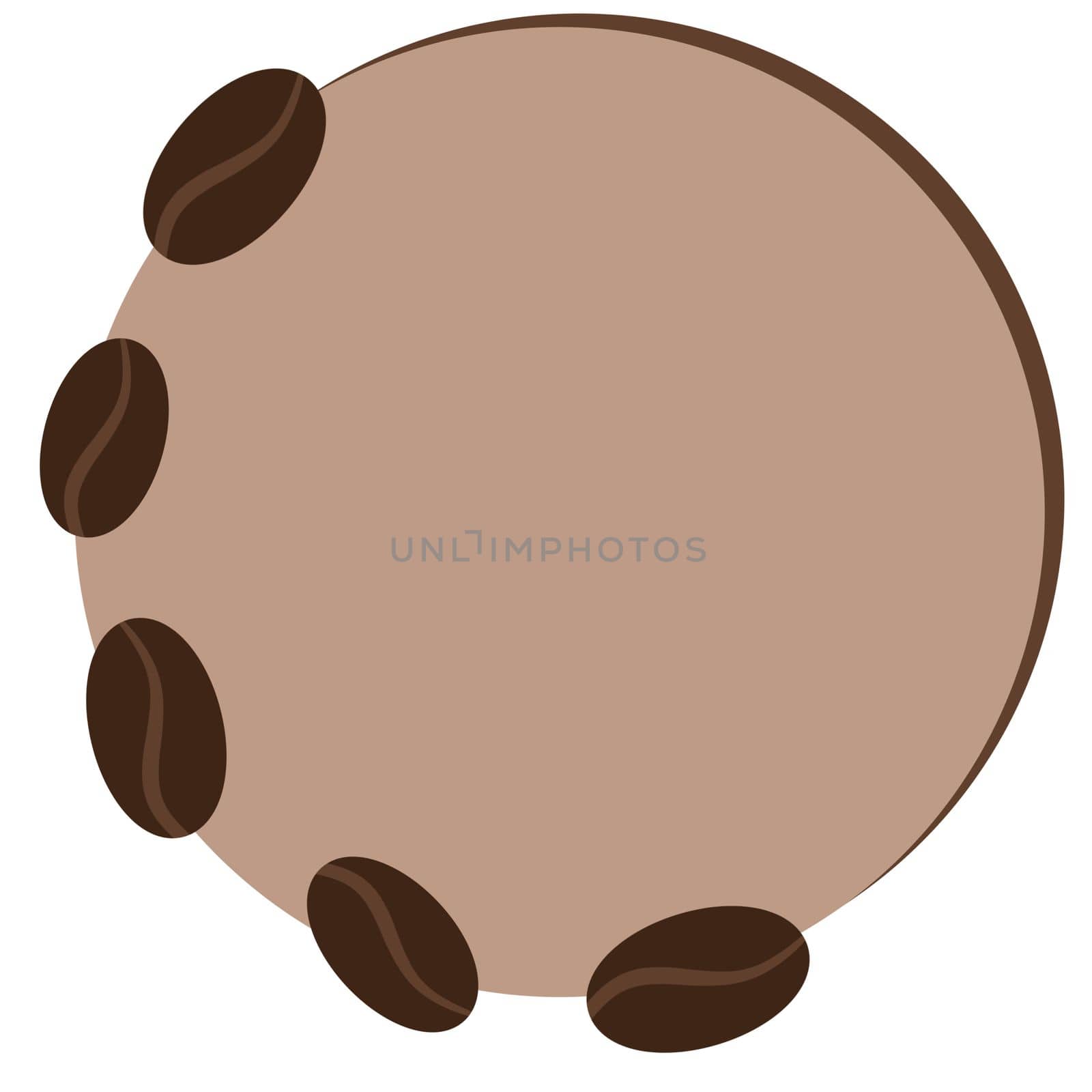 Hand drawn coffee round circle frame shape illustration with arabica african beans seeds on beige brown background. Food beverage cafe menu temblate with empty copyspace, simple minimalist design. by Lagmar