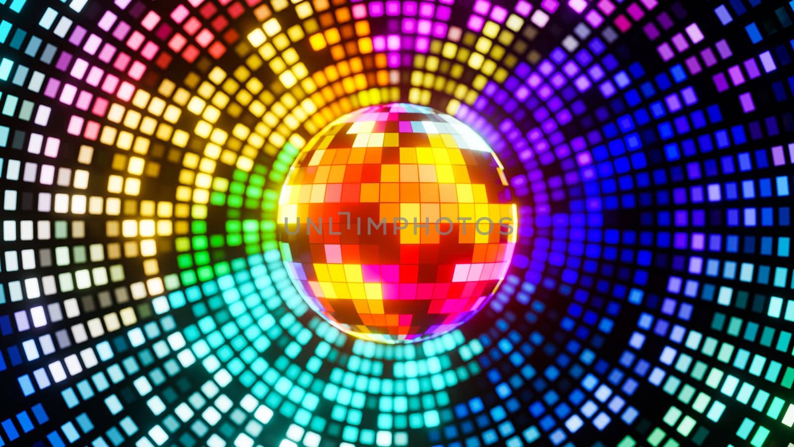 A bright disco ball with multicolored reflections on the wall. 3D rendering illustration..