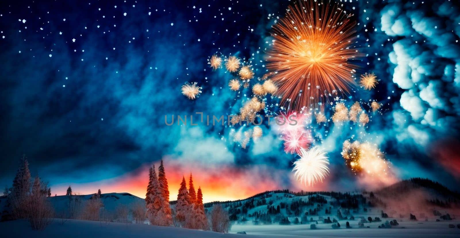 Bright night sky with fireworks. High quality illustration