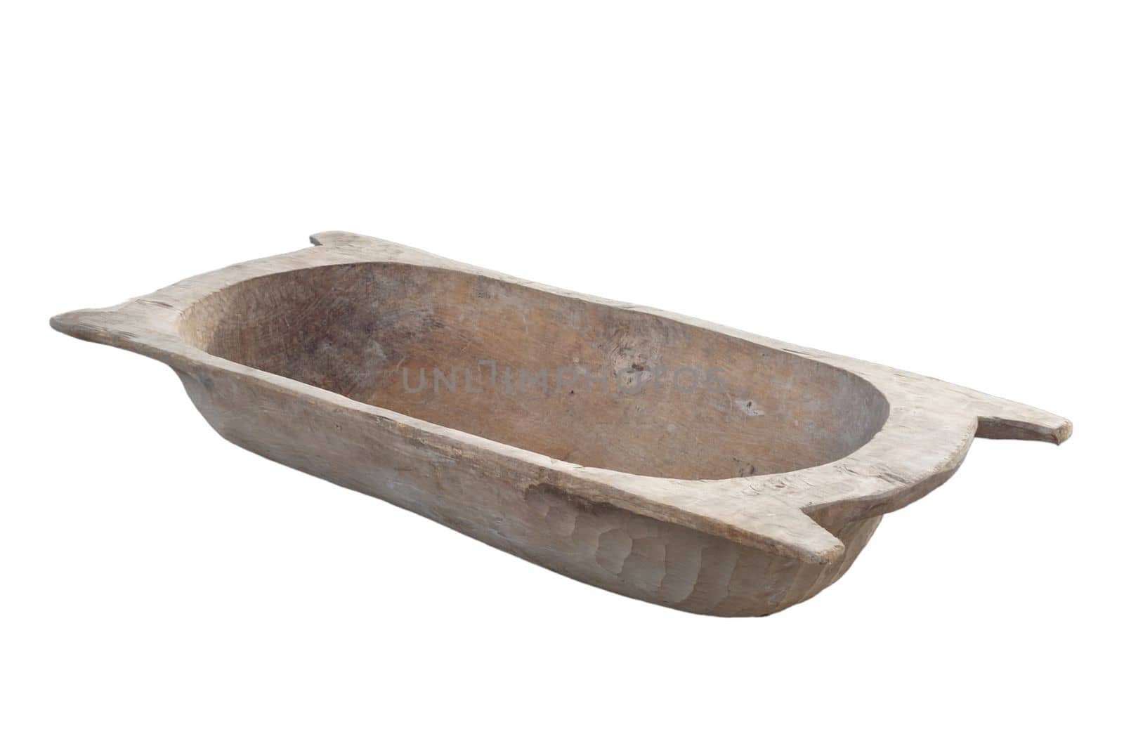 Old rural retro carved wooden tub, wash tub or bread kneader. white isolated background