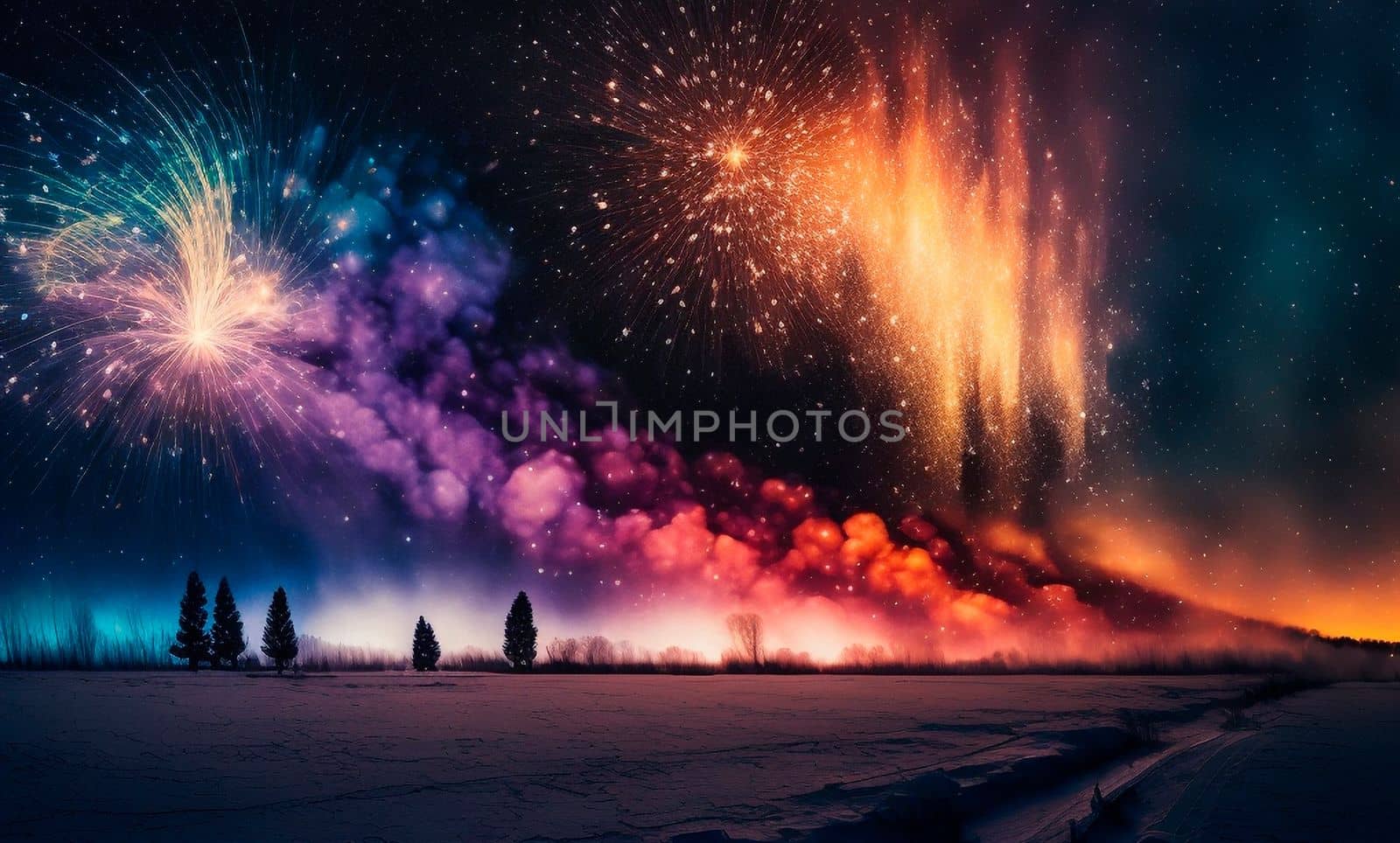 Bright night sky with fireworks. High quality illustration
