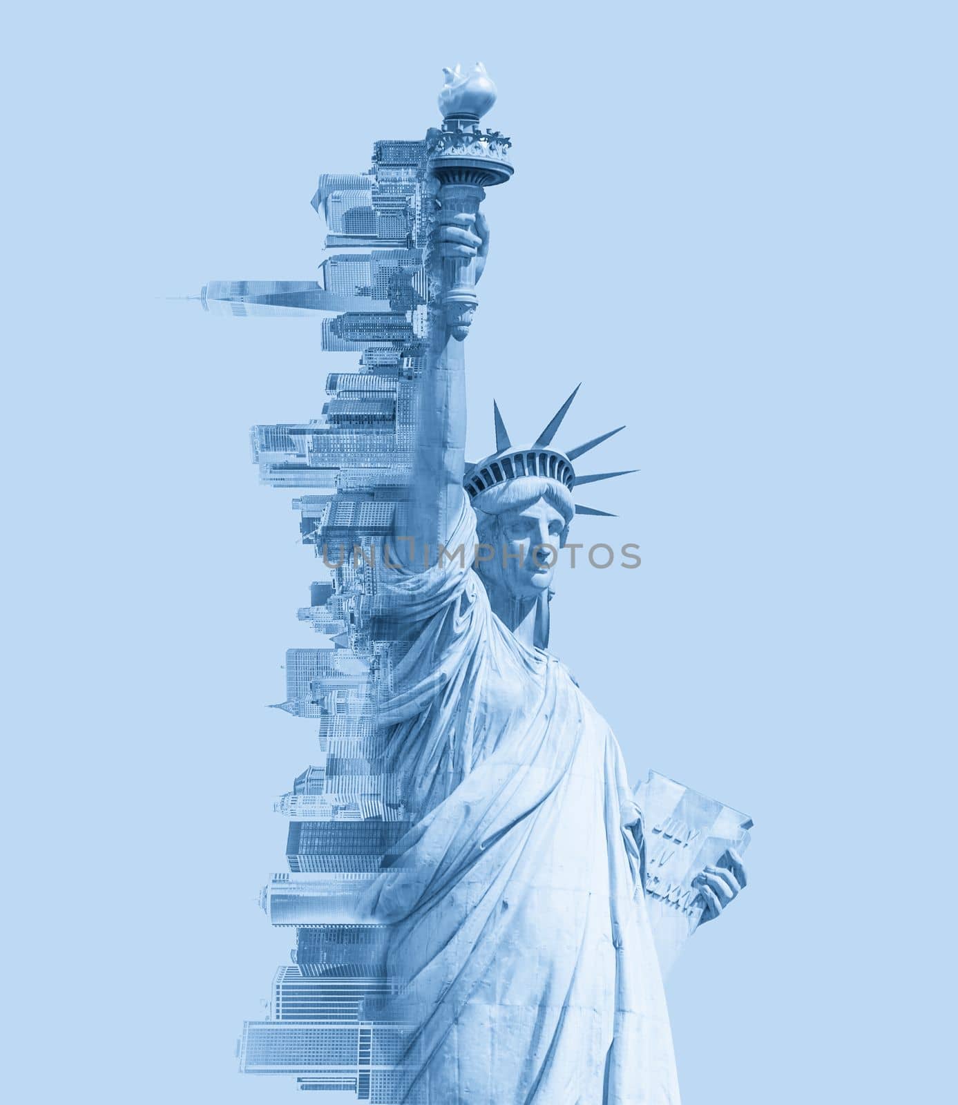 Double exposure image of the Statue of Liberty and new york skyline with cope space. Blue toned image by Mariakray