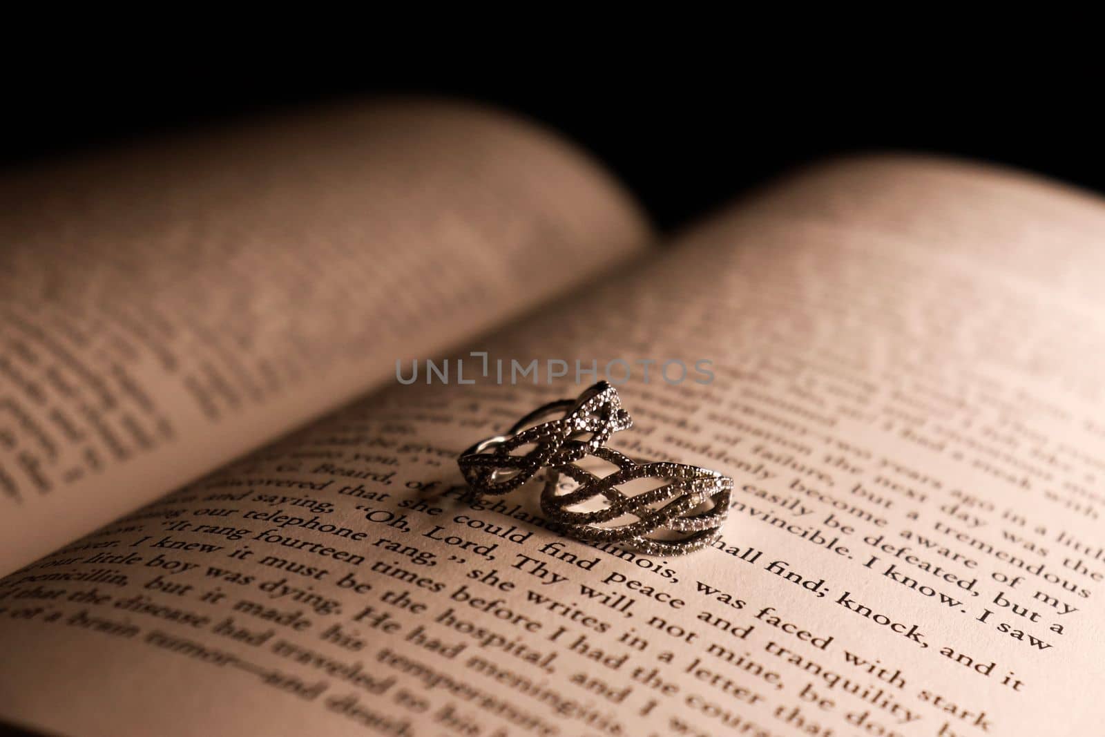 Rings sitting on a book low light. High quality photo