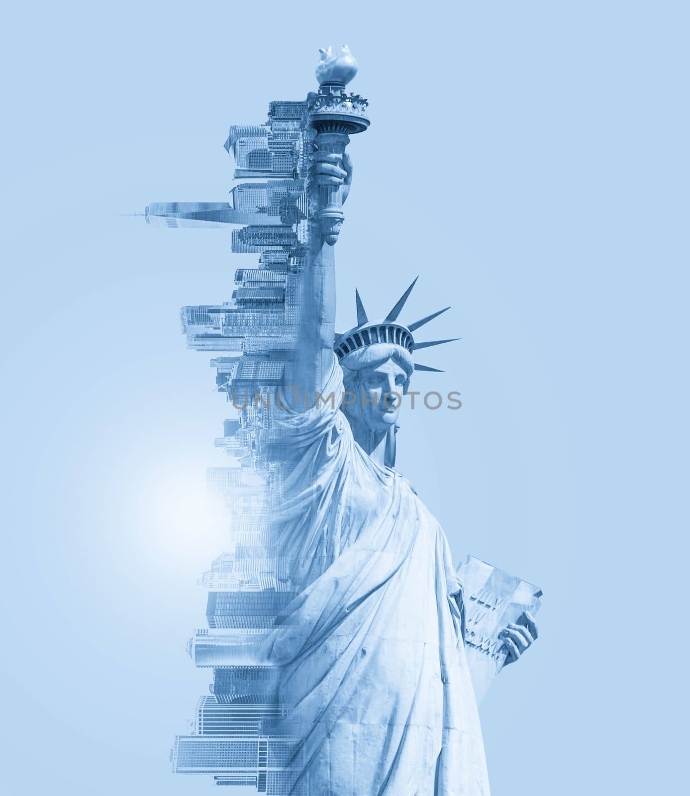 Double exposure image of the Statue of Liberty and new york skyline with cope space