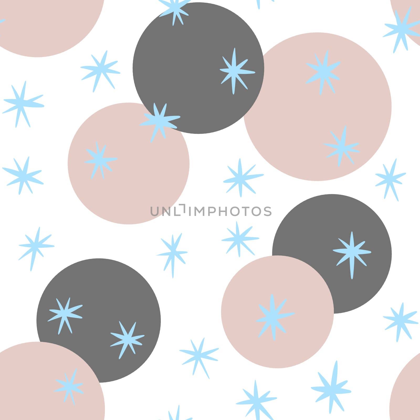 Hand drawn seamless pattern with grey beige round circles blue snow snowsflakes on white background. Retro vintage mid century modern design, abstract geometric fabric print, creative winter art. by Lagmar