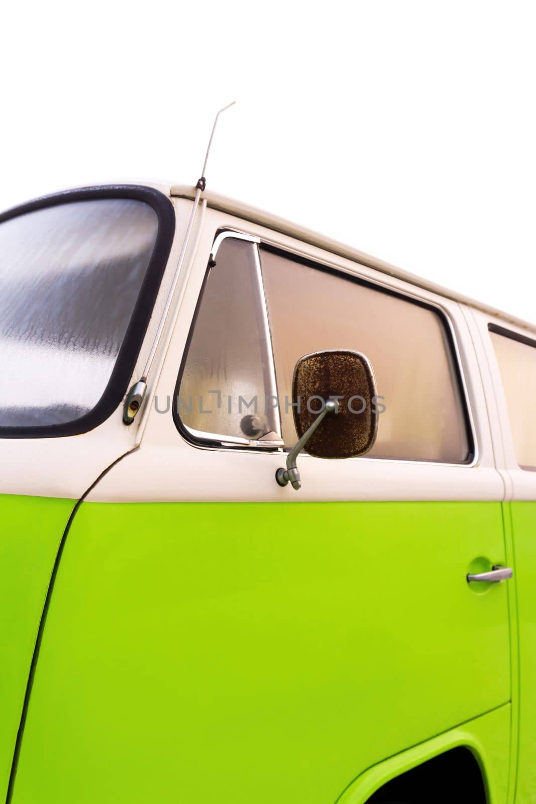 A bright light green and white retro van detail