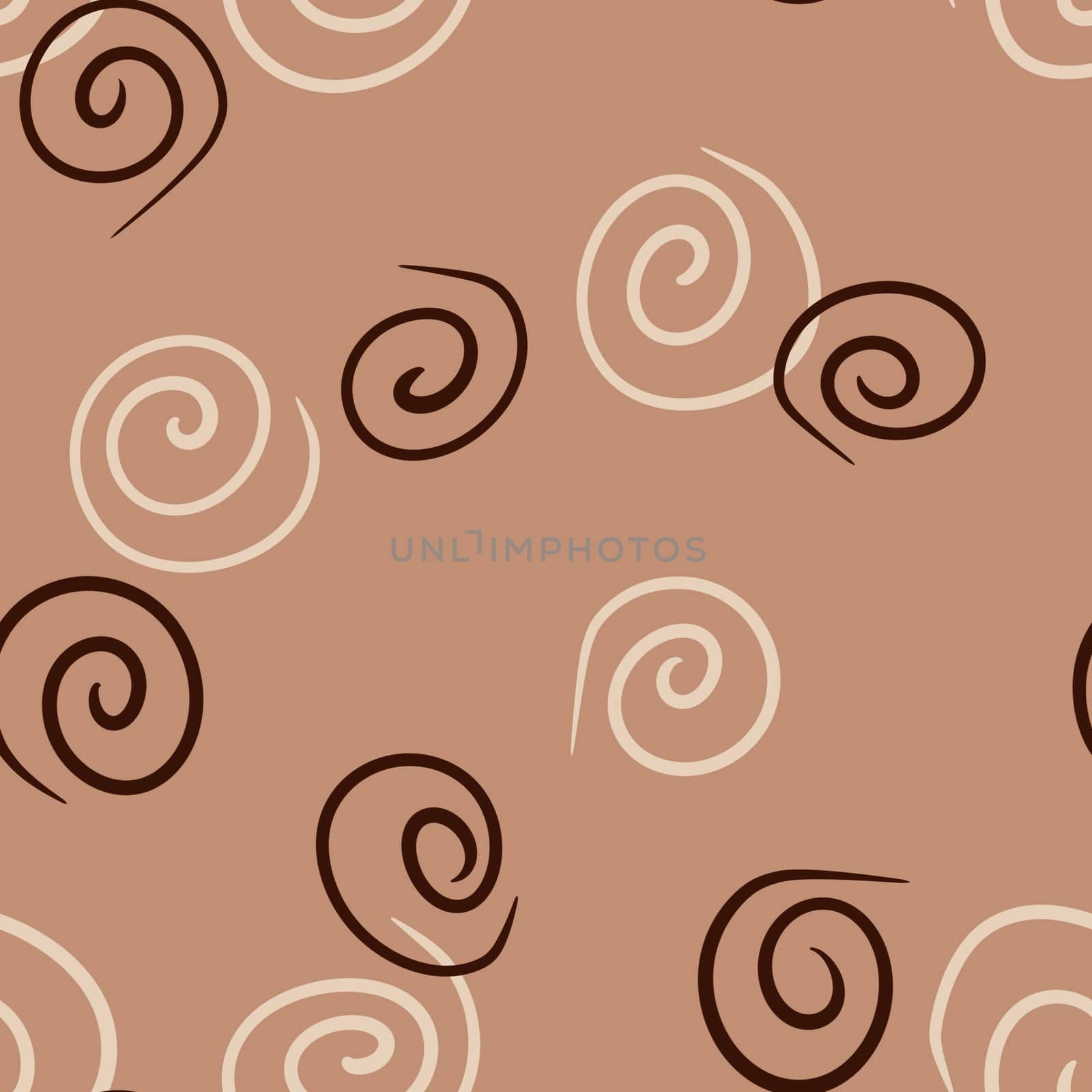 Seamless hand drawn beige brown abstract pattern. Monochrome geometric lines spirals dots curves. For modern minimalist decor wrapping paper textile wallpaper.. by Lagmar