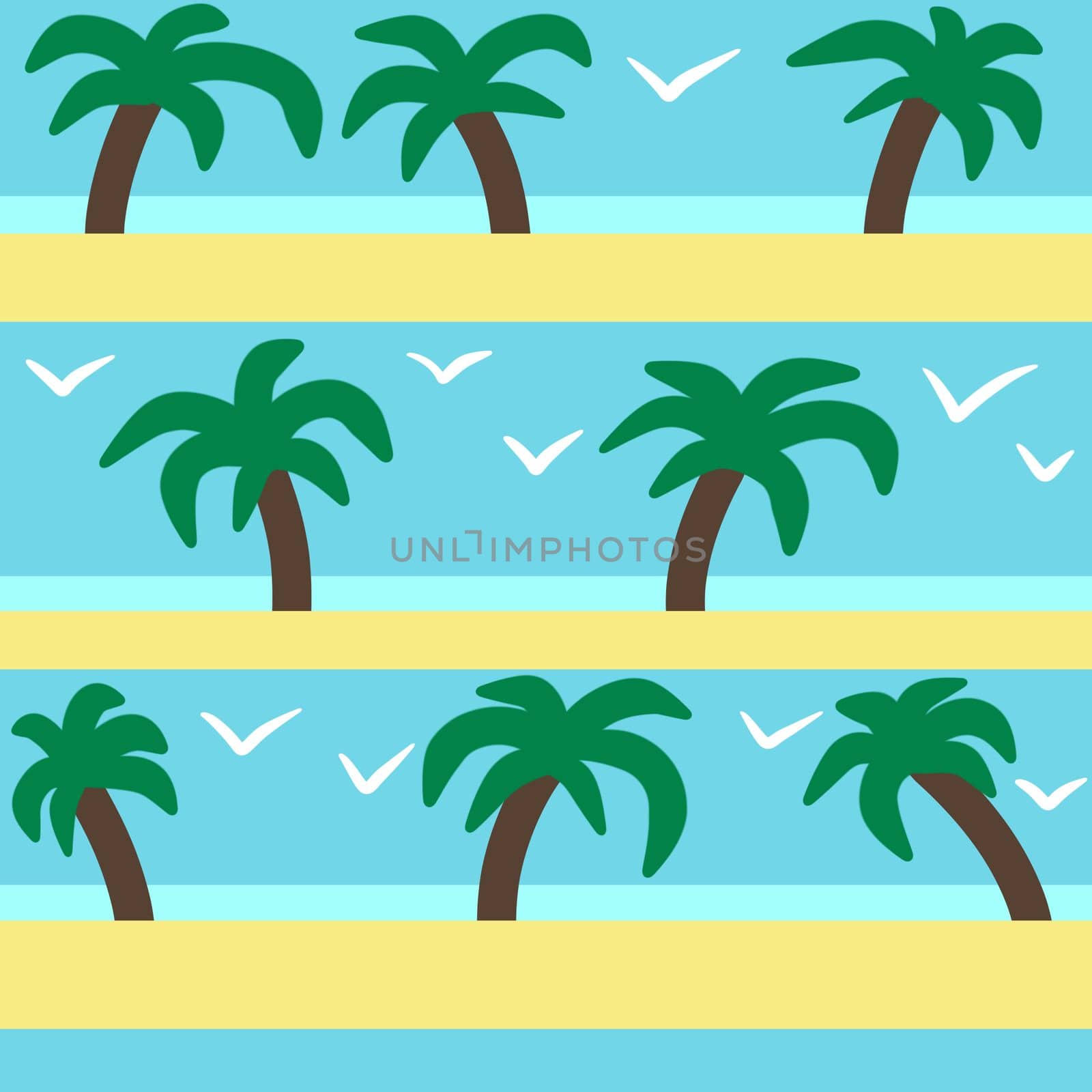 Hand drawn seamless pattern with beach palm trees gulls ocean sea vibe. Vacation holisay surf tourism relaxation, wave nature blue sky yellow sand coastal line fabric print hawaii stripes