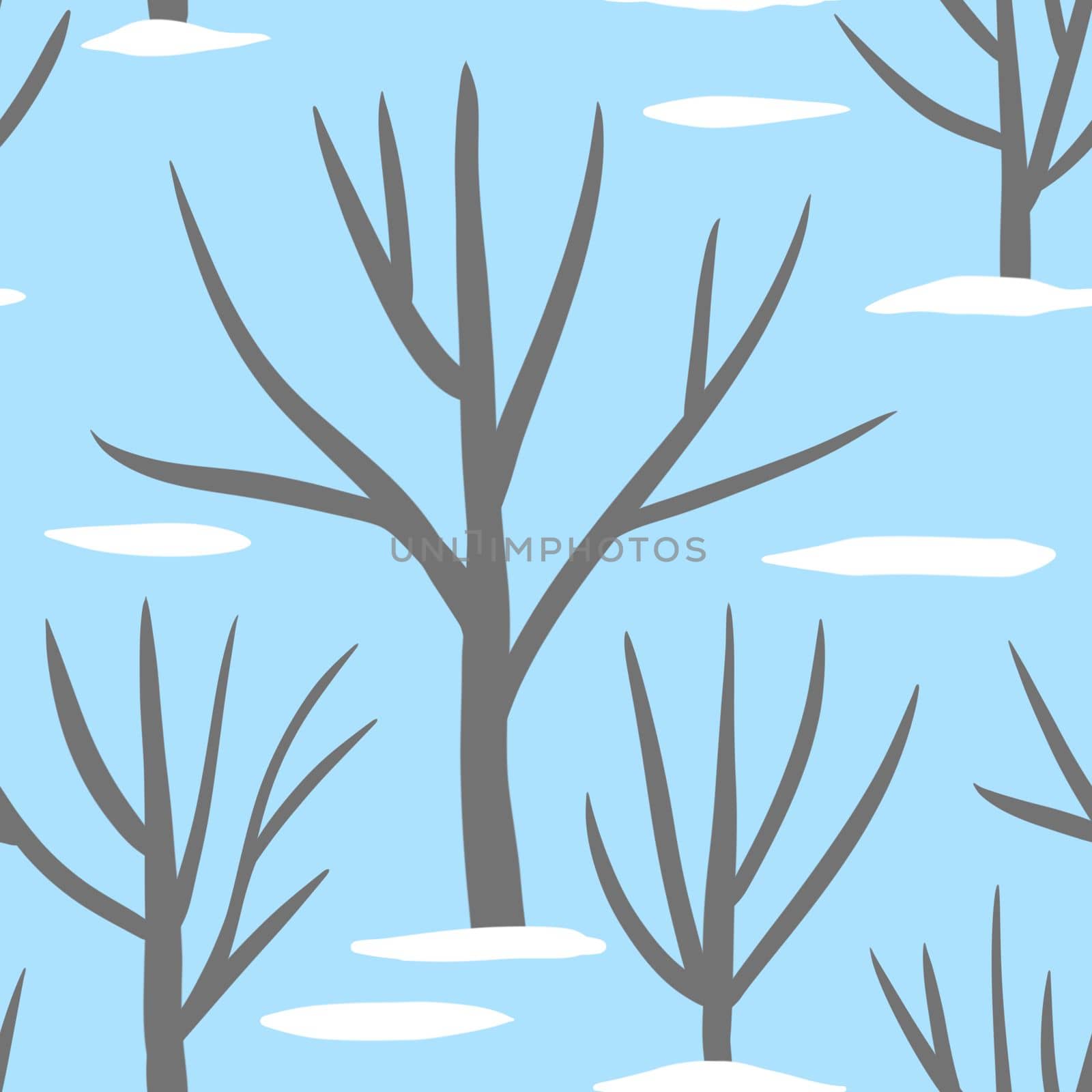 Handdrawn seamless pattern of bare winter gray trees with white snow on blue background. Wood woodland forest december christmas new year design, minimalist nordic scandinavian fabric print. by Lagmar