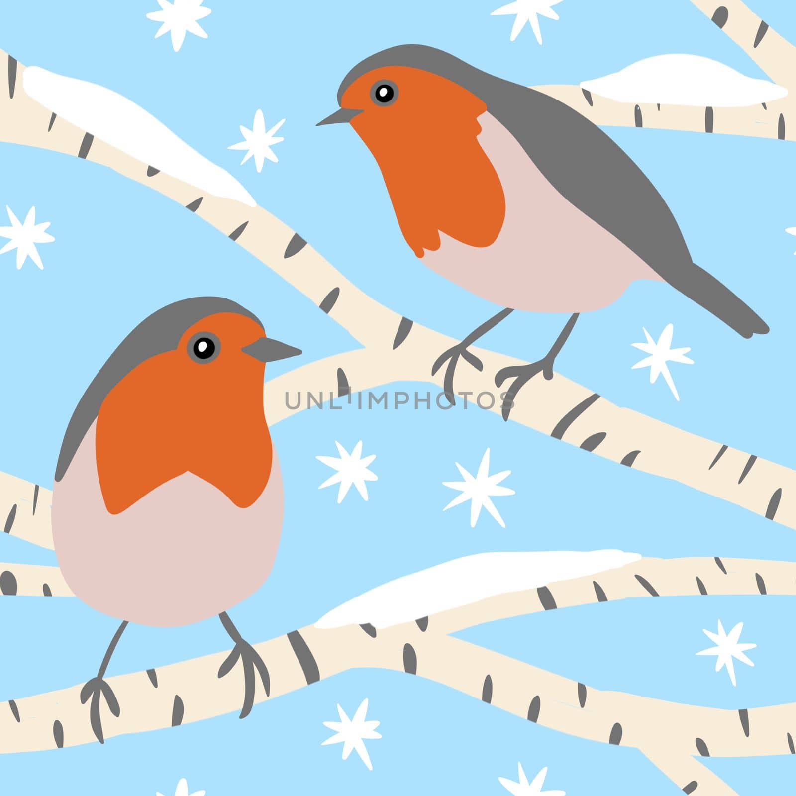 Hand drawin seamless pattern of wild robin bird on blue background. Red breat animal species with grey beige wings, cute winter forest design, , december christmas new year wood woodland, wild nature. by Lagmar