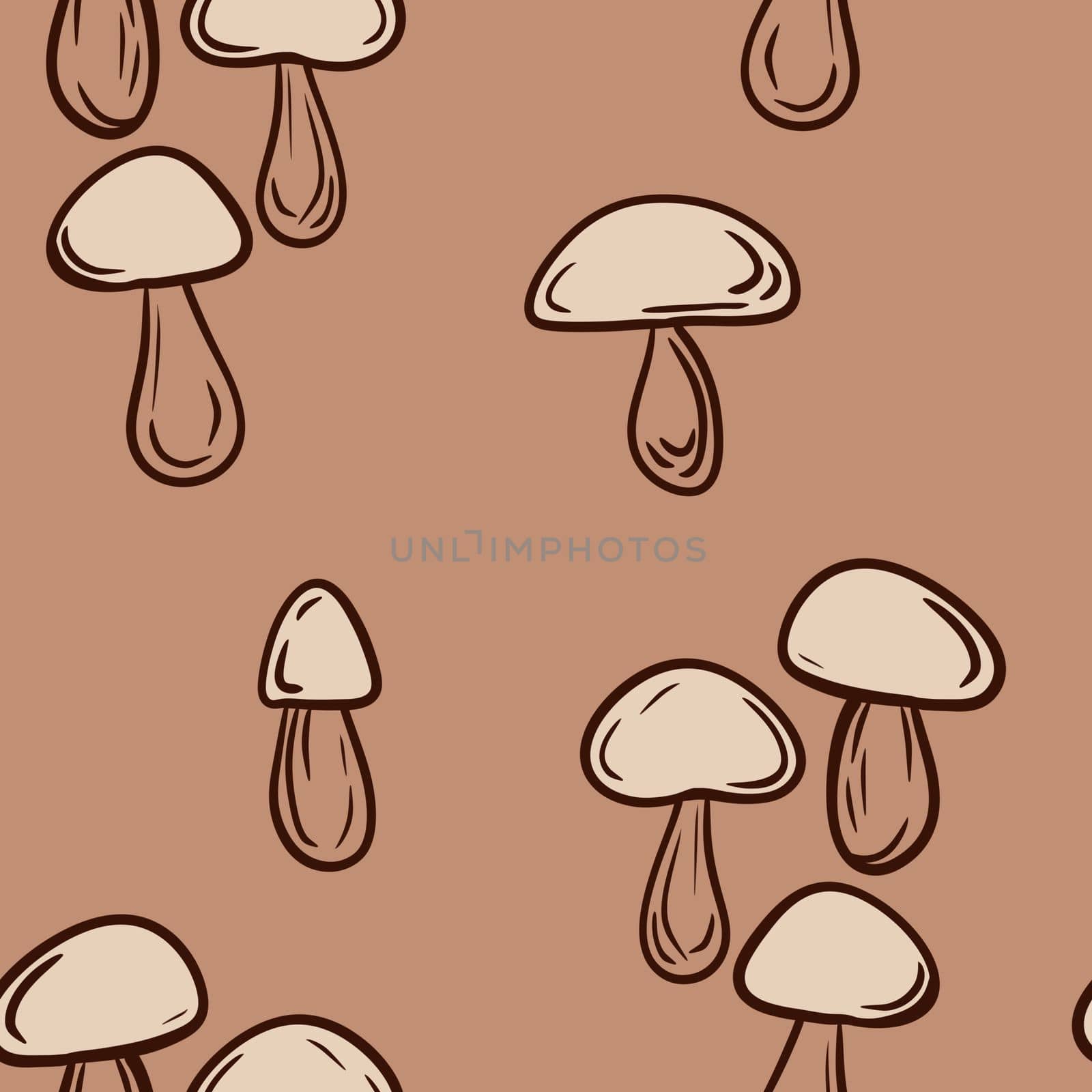 Hand drawn seamless pattern with beige brown forest wood mushrooms. Woodland minimalist toadstool wild fungus fungi, nature poisonous plant organic season. by Lagmar