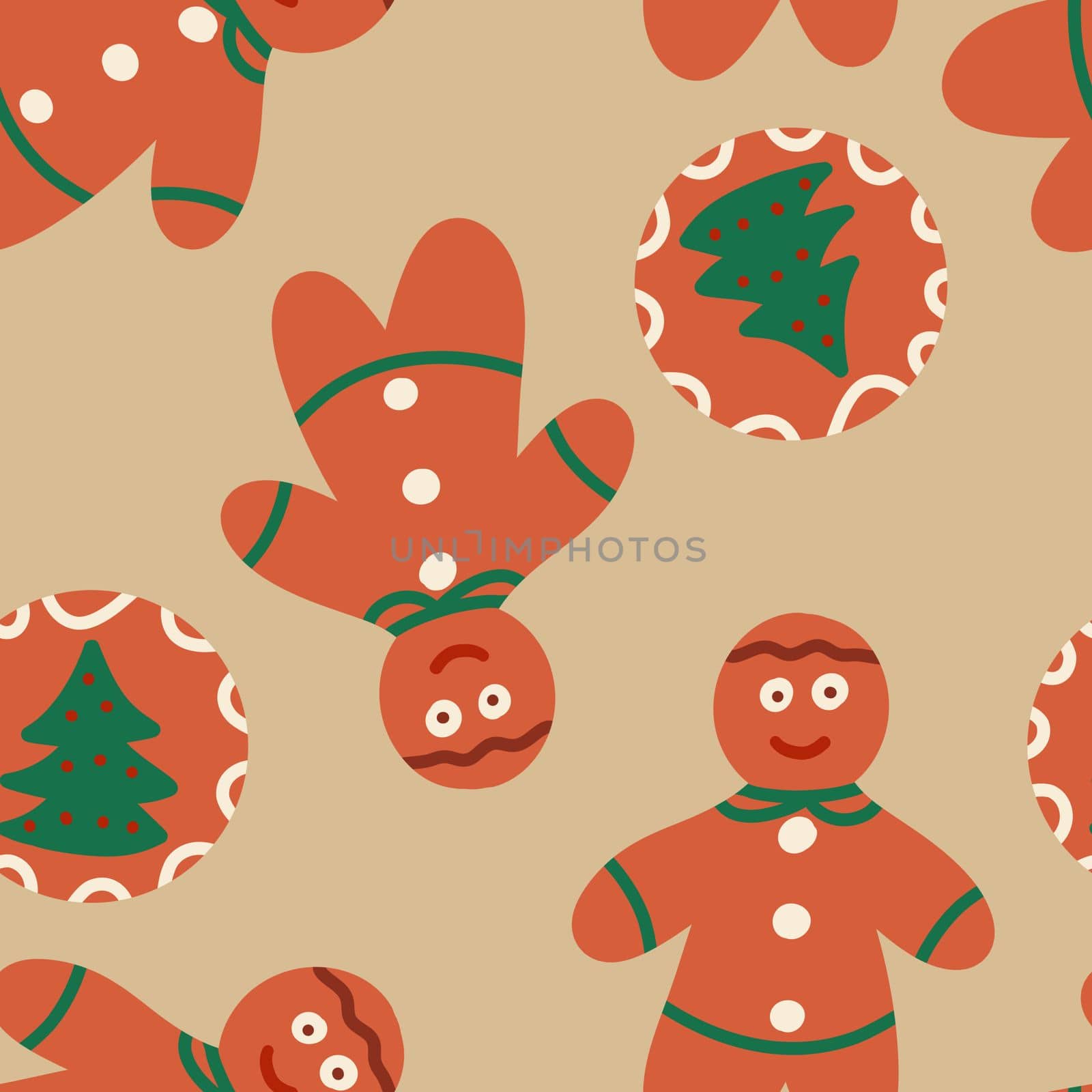 Seamless hand drawn pattern with Christmas cookies beige new year food gingerbread man wreath bows. Celebration cuisine snacks in red green traditional colors. Funny winter background