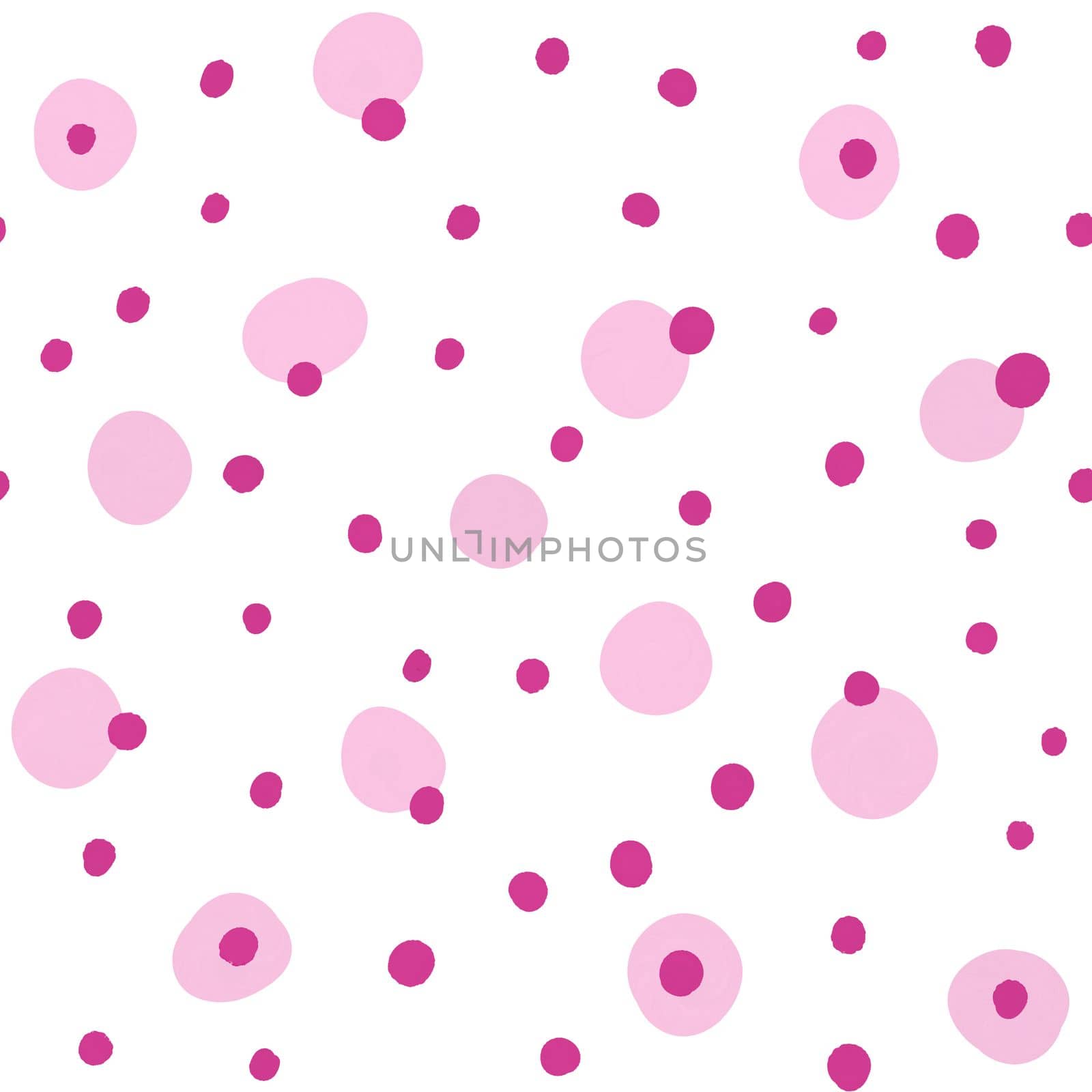 Hand drawn seamless pattern with pink red polka dot round circles fabric print. Simple minimalist design for girl nursery kids children apparel, gender reveal print, funny cute blobs on white background