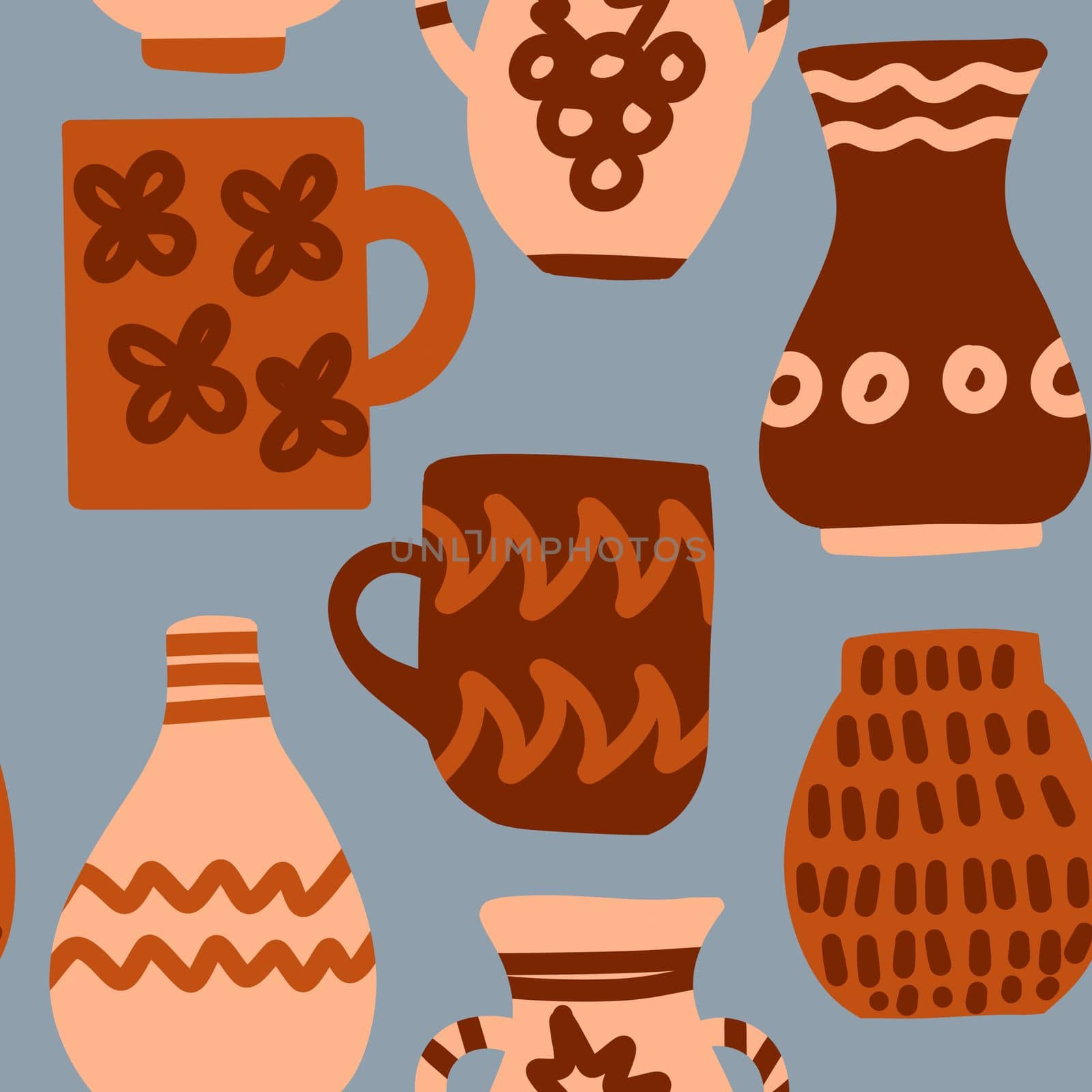 Hand drawn seamless pattern of pottery mugs vases in beige brown on grey background. Ceramic bowl tableware kitchenware kitchen design, cooking dishware in anicent greek style, ceramics utensils design. by Lagmar