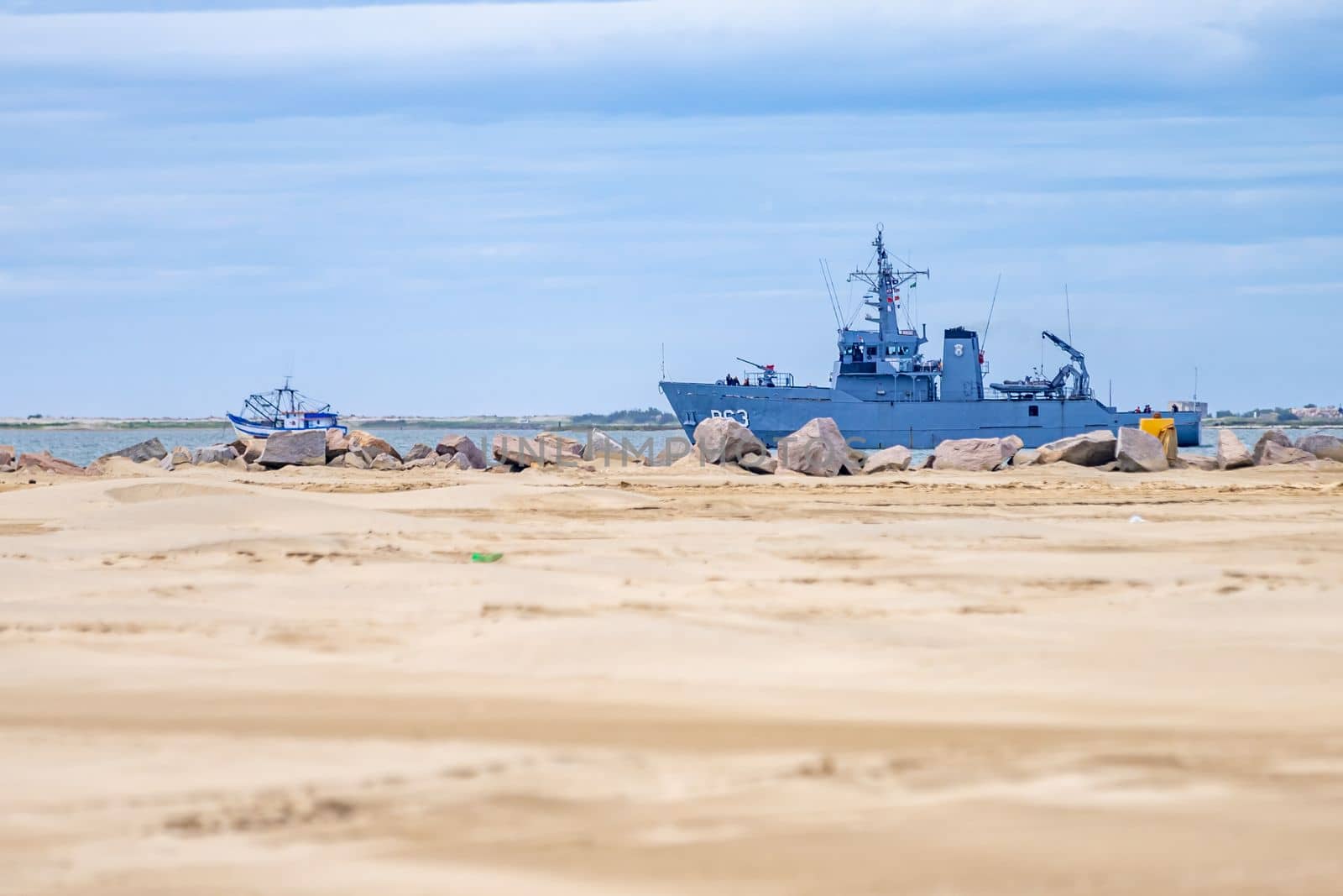 Brazilie - March 23, 2022: military ship near the ocean coast.