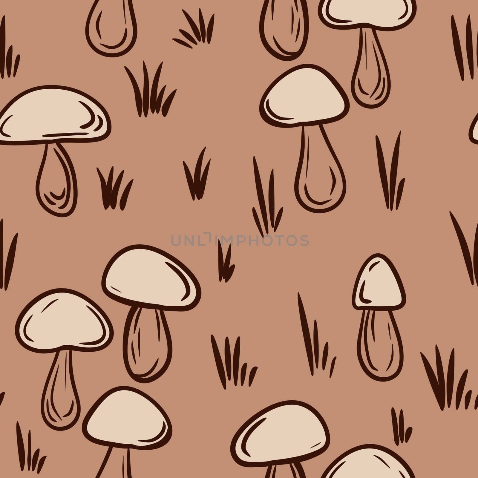 Hand drawn seamless pattern with beige brown forest wood mushrooms. Woodland minimalist toadstool wild fungus fungi, nature poisonous plant organic season