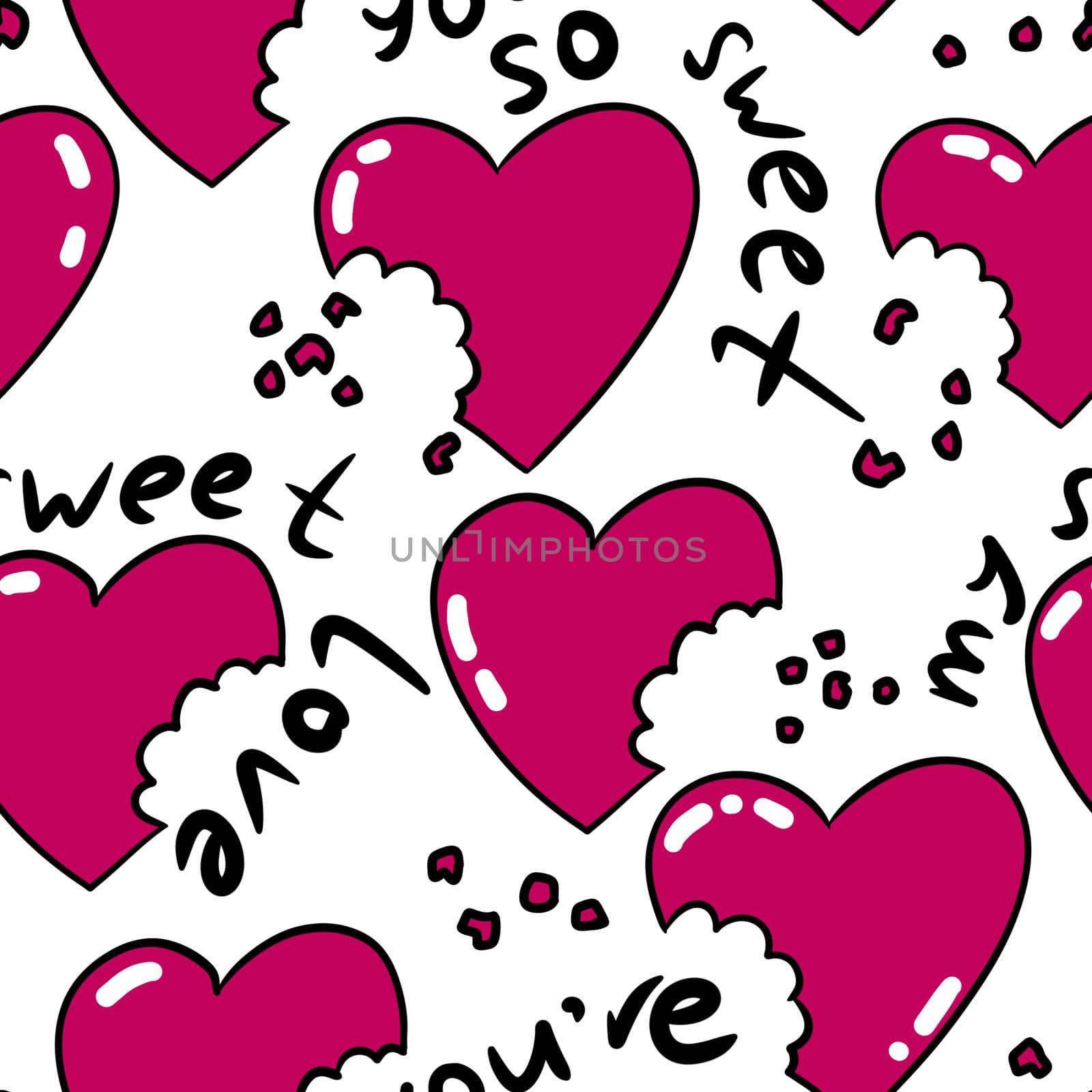 Handdrawn seamless pattern with red pink st valentine hearts bite with crumbles. Funny cute fabric print on white background, love humor print for textile wrapping paper, eating sweet passion pieces