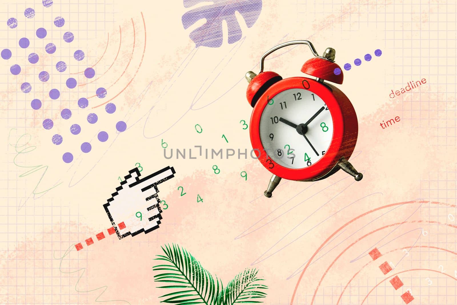 Creative trend collage alarm clock and pixel mouse pointer by sergii_gnatiuk