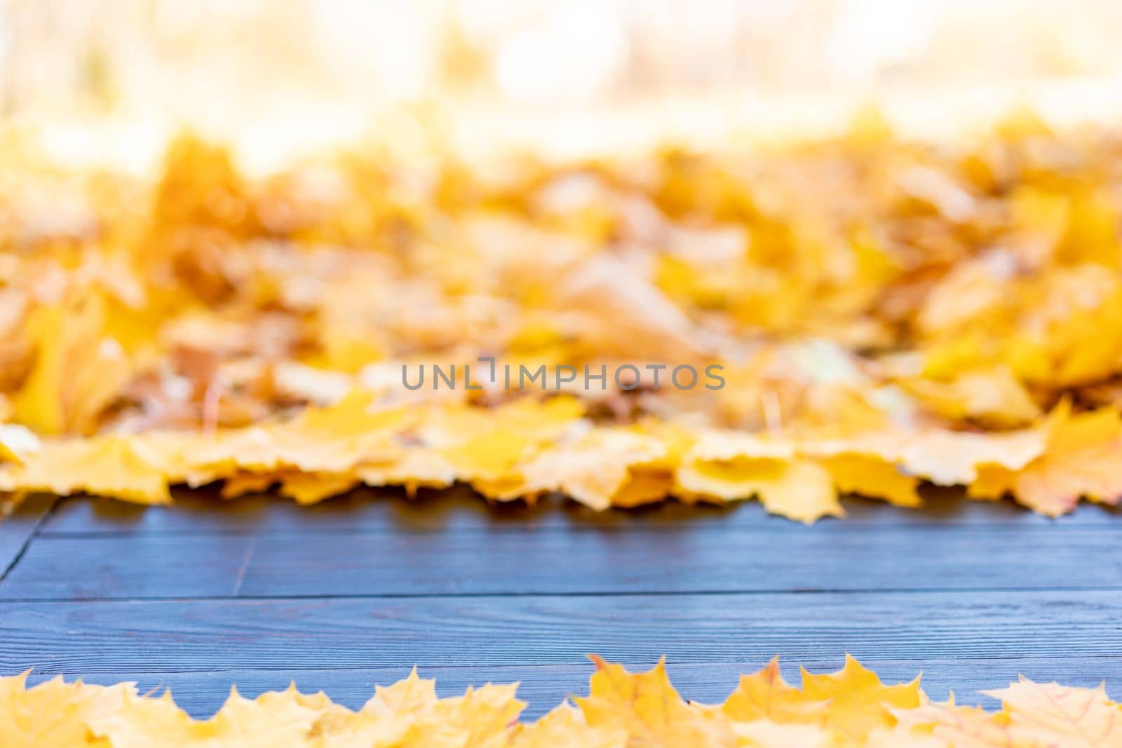 Empty wooden table nature bokeh background with autumn yellow maple leaf boarder Template mock up for display of product Copy space by andreonegin