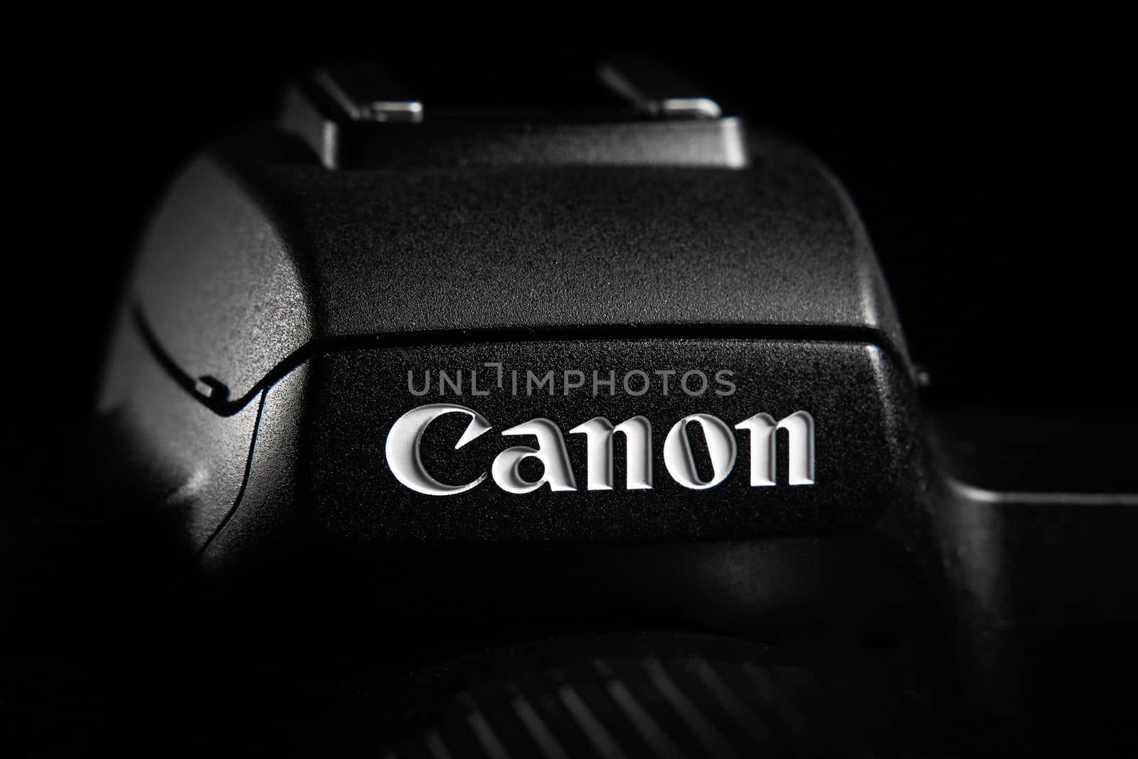 CANON label editorial photo. Close-up logo trademark of canon camera. Almaty, Kazakhstan - January 13, 2022