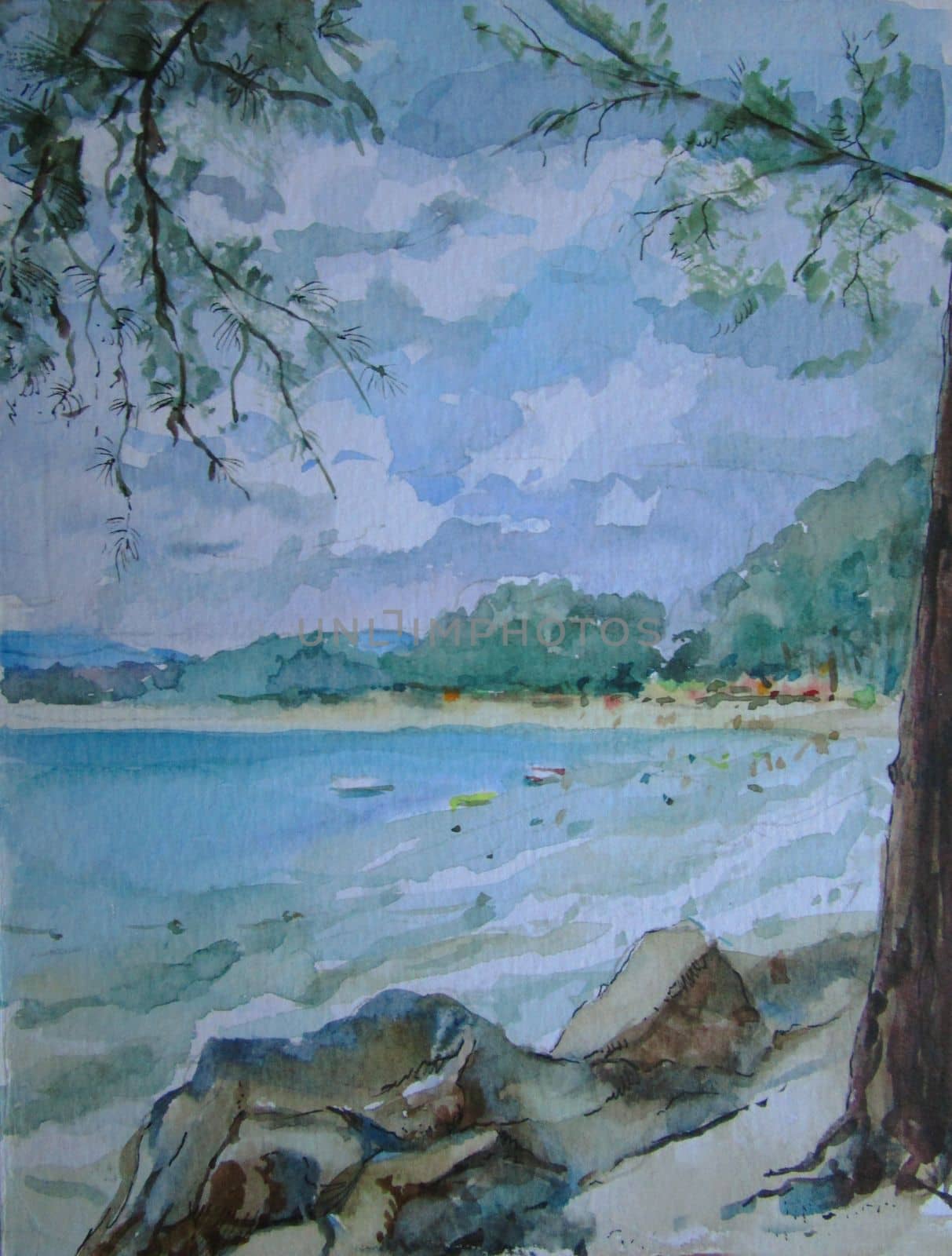 Thailand coast in summer, watercolor illustration . High quality photo