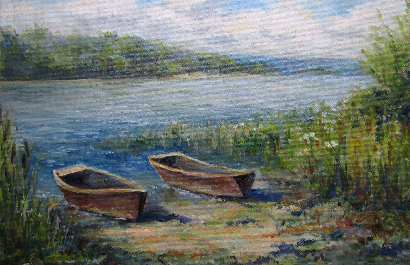 Oil painting showing beautiful forest landscape, with boats and river