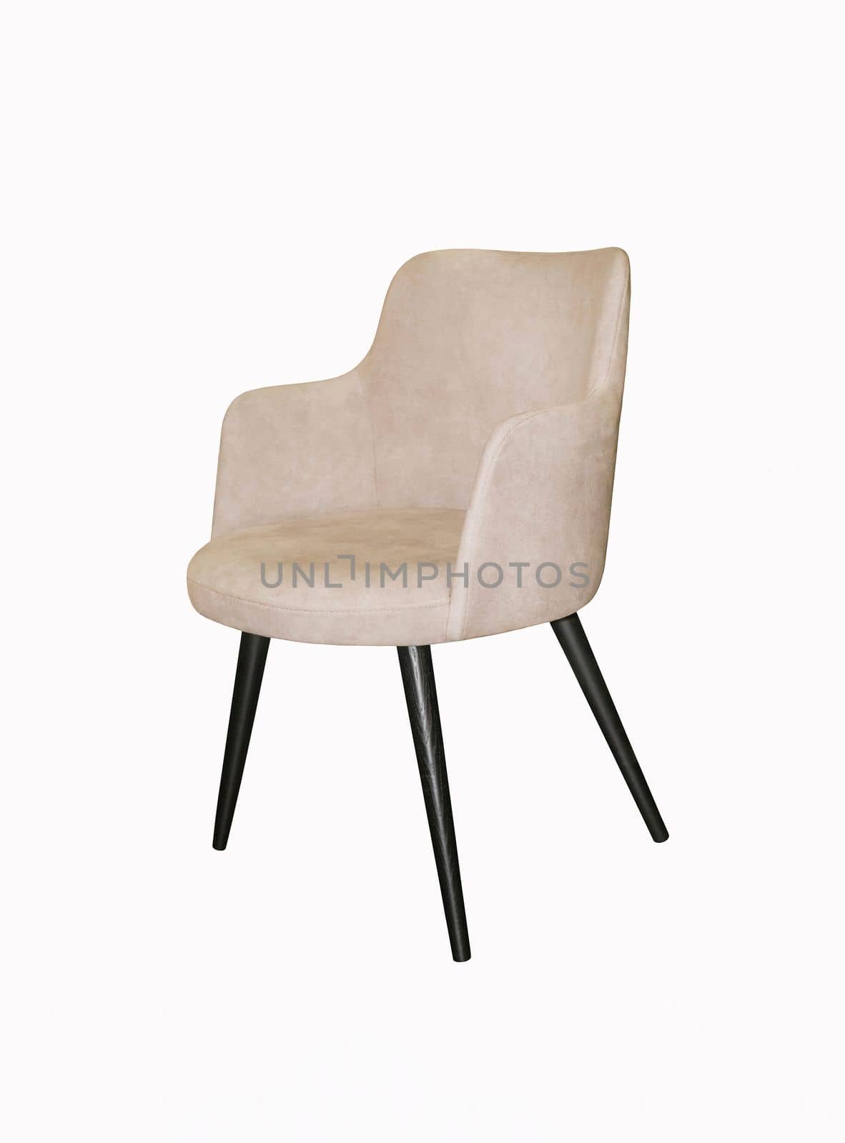Cream armchair with black legs on white background. Interior element.