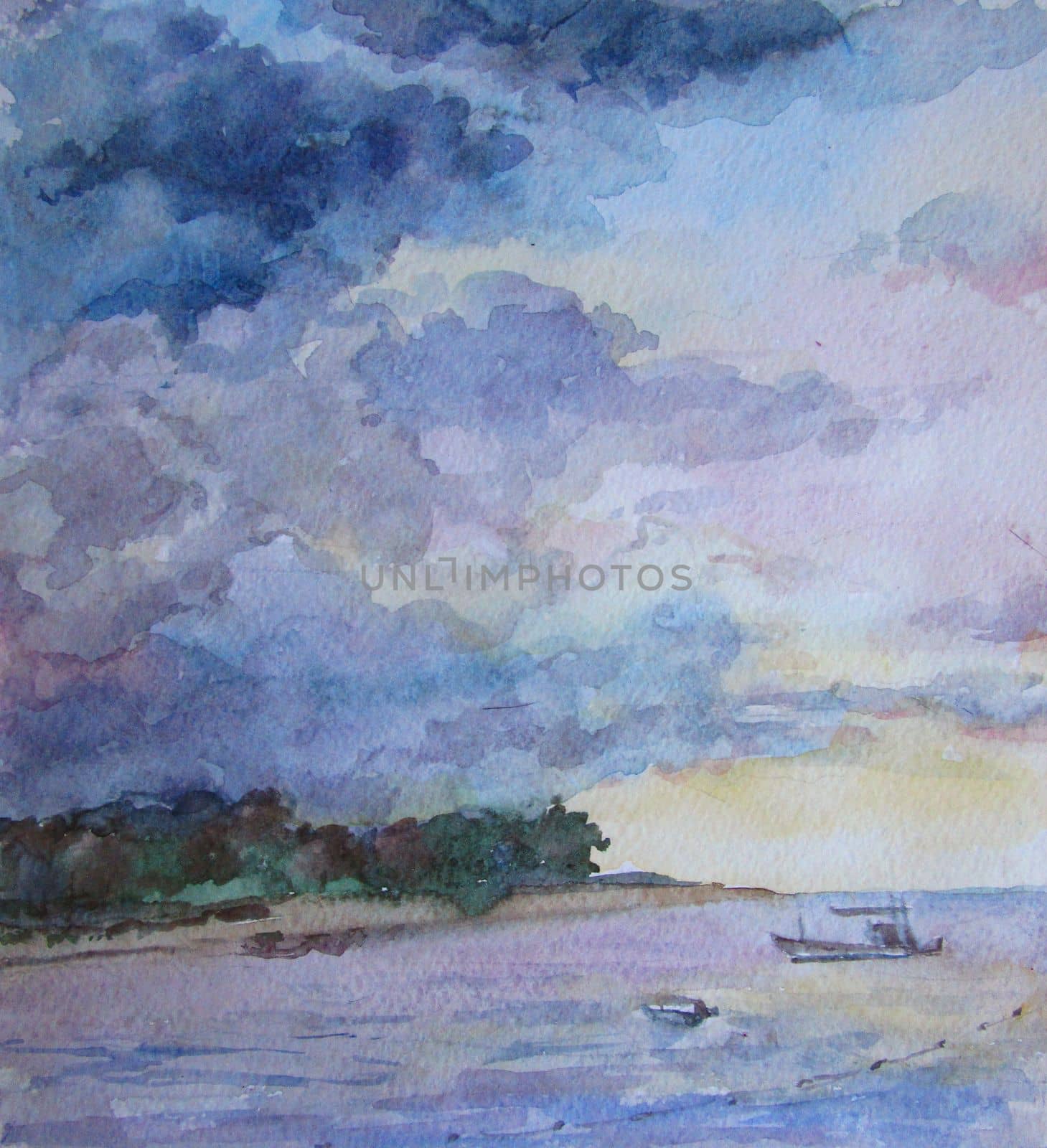 Thailand sea and boats near the coast in summer. Watercolor painting . High quality photo