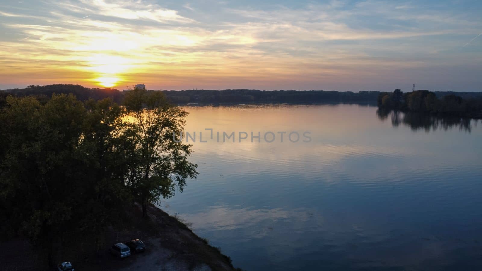 Scenic aerial view Po river at sunset in Monticelli D'Ongina Piacenza Italy by verbano