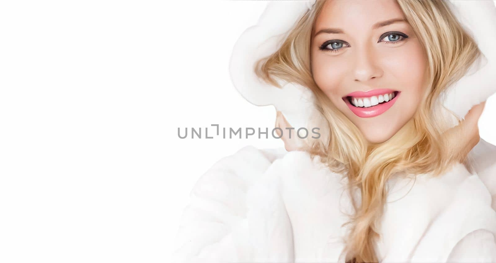 Beautiful woman in white fur coat, beauty and winter fashion by Anneleven