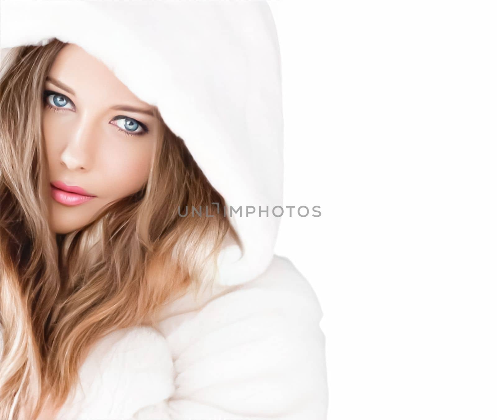 Winter fashion and beauty, beautiful woman in white fur coat by Anneleven