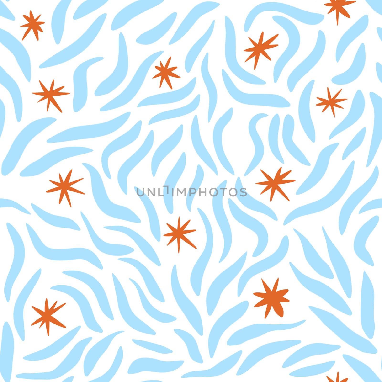 Hand drawn seamless pattern with orange star snowflake blue wavy curve lines on white background. Abstract geometric design, christmas new year winter fabric wrapping paper, minimalist ornament art. by Lagmar