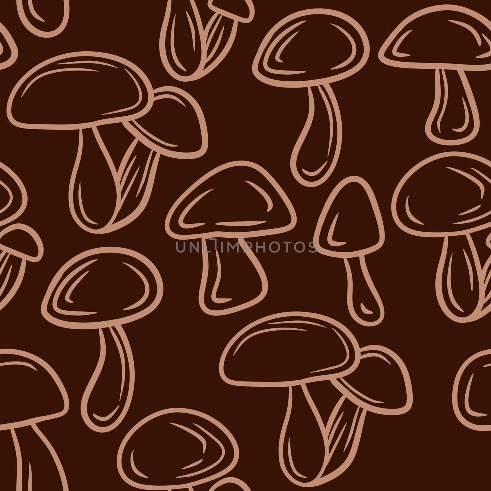 Hand drawn seamless pattern with beige brown forest wood mushrooms. Woodland minimalist toadstool wild fungus fungi, nature poisonous plant organic season. by Lagmar