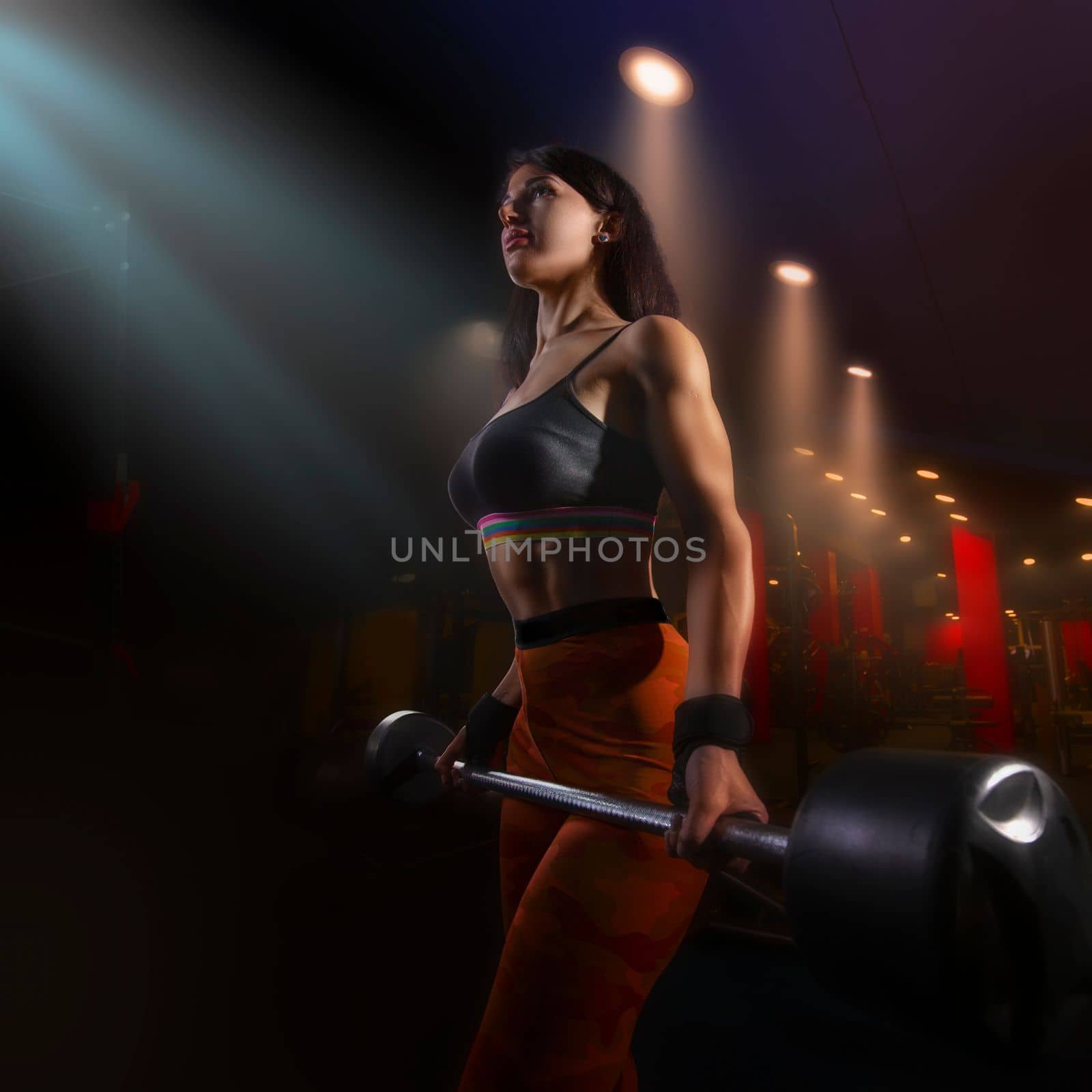 Strong woman doing weights.Sports lifestyle Beautiful fitness woman lifting dumbbells . Fitness sporty woman showing her well trained body. A beautiful girl's body with rippling muscles from strength training. High quality photo