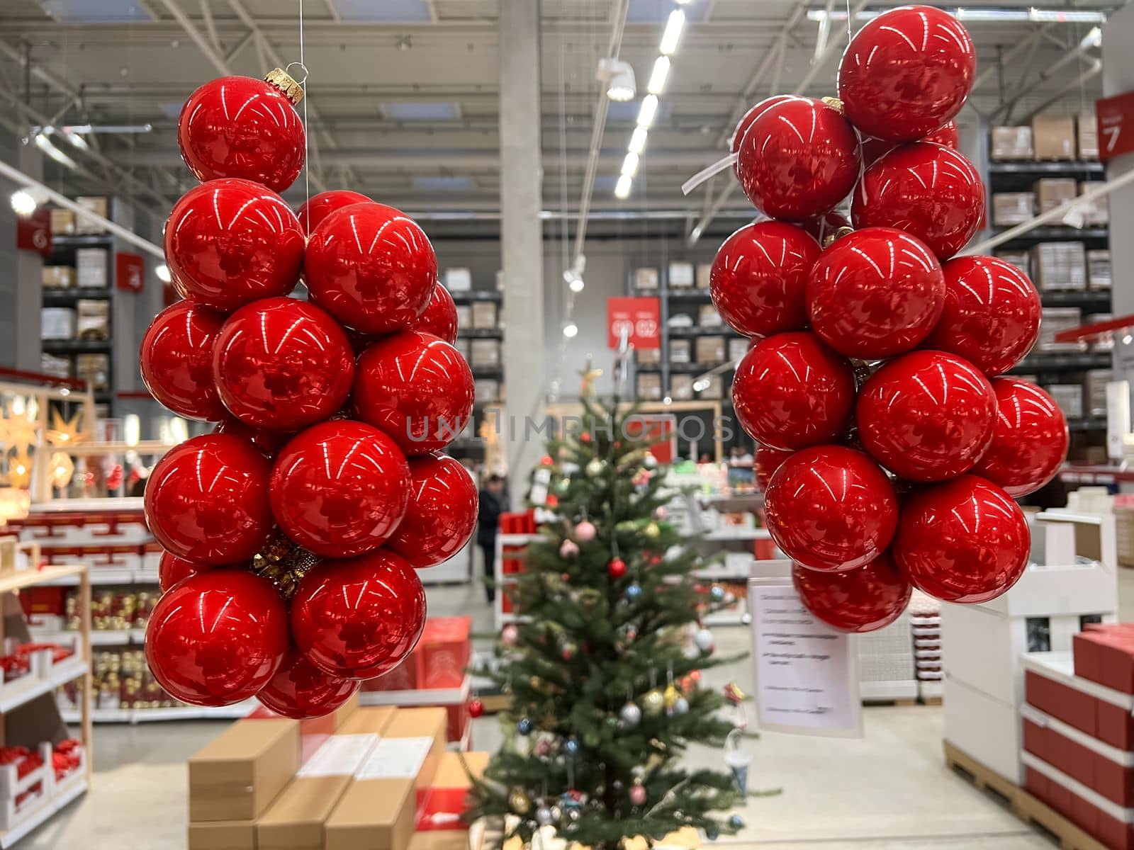Christmas decoration red balls in store mobile photo. High quality photo
