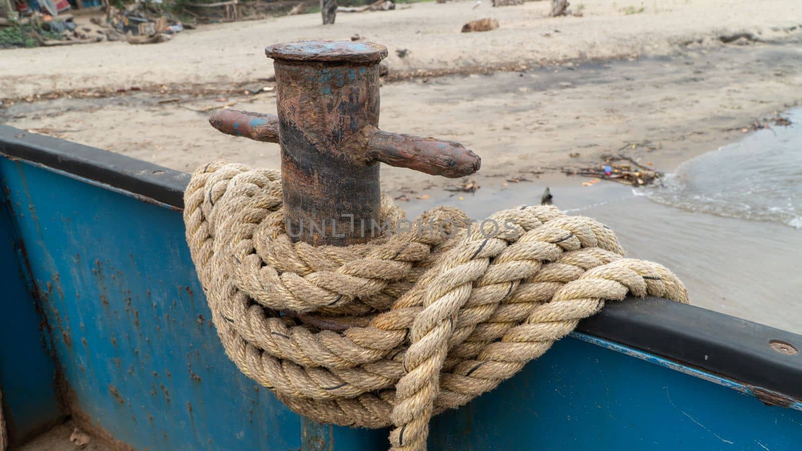 Thick rope on the deck of a ship. High quality photo